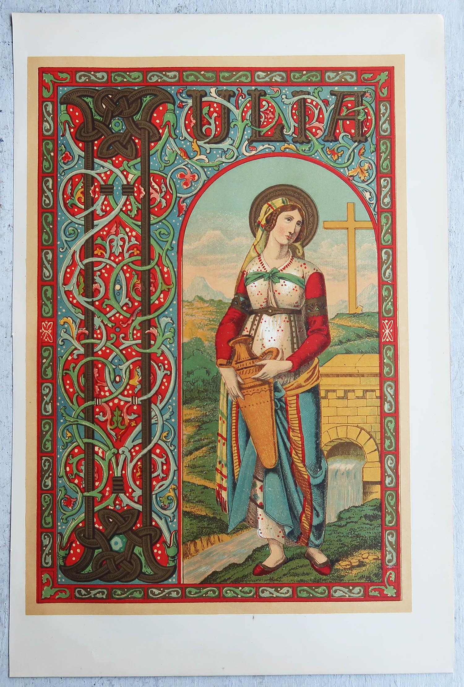 Gotico Stampa antica originale miniata di Santa Giulia di Corsica. C.1880 in vendita