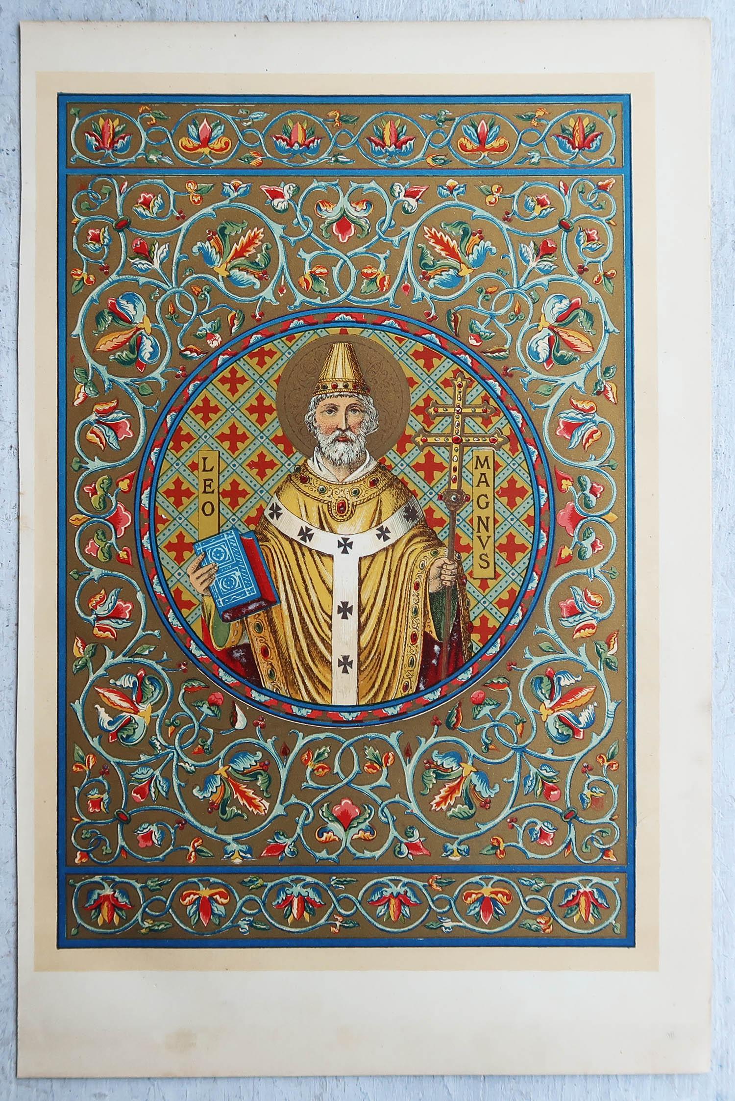 Grabado Iluminado Antiguo Original de San León Magno. C.1880 Inglés en venta