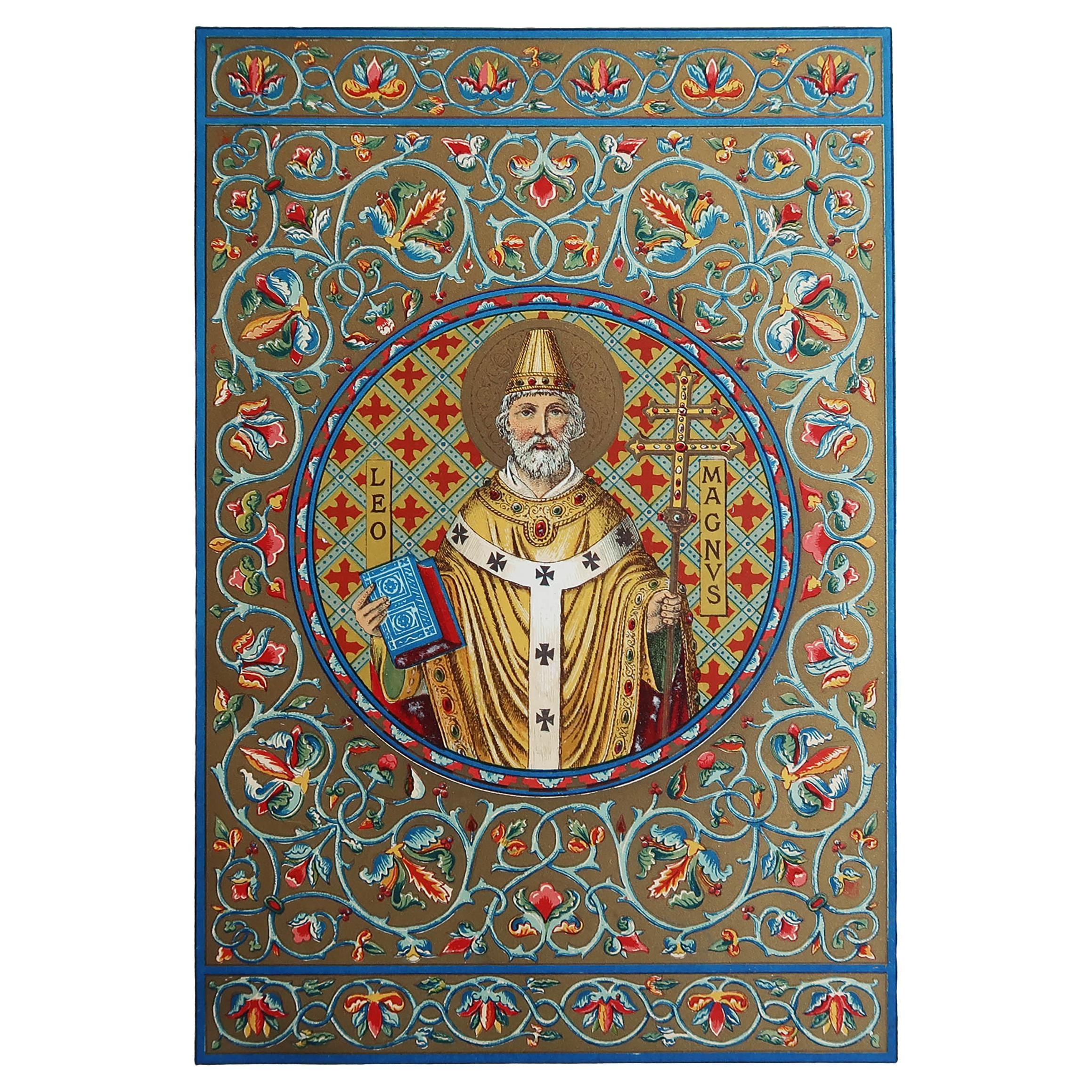 Original Antique Illuminated Print of St Leo The Great. C.1880
