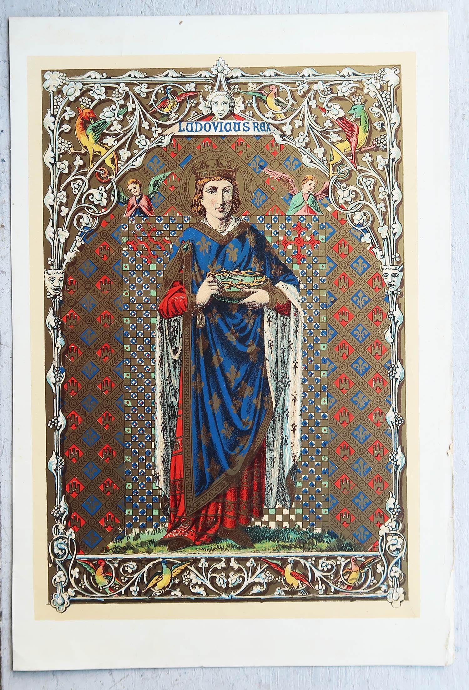 Gothic Original Antique Illuminated Print of St Louis 1X. C.1880 For Sale