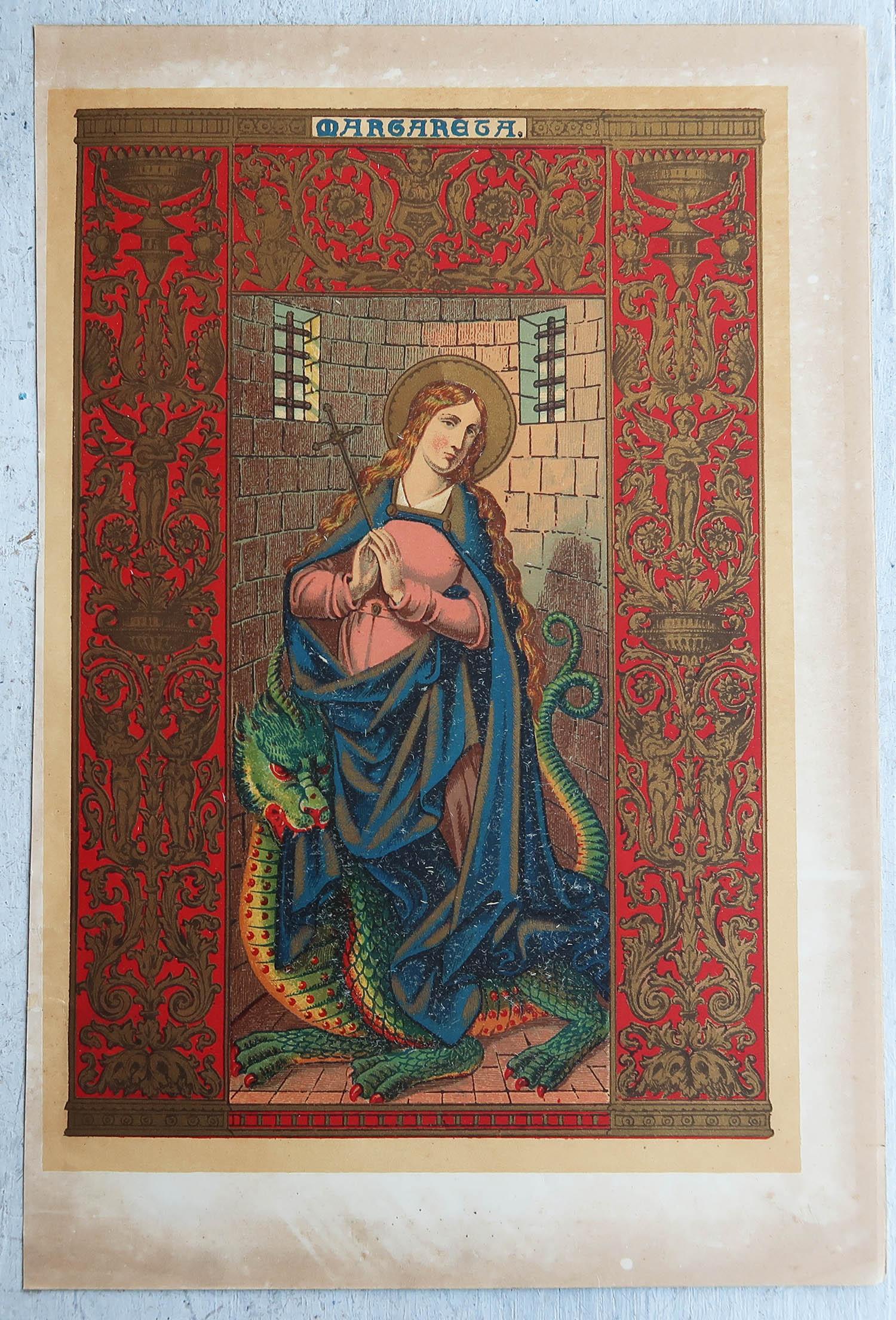 Grabado Iluminado Antiguo Original de Santa Margarita. C.1880 Gótico en venta