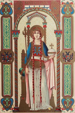 Grabado Iluminado Antiguo Original de Santa Matilde. C.1880