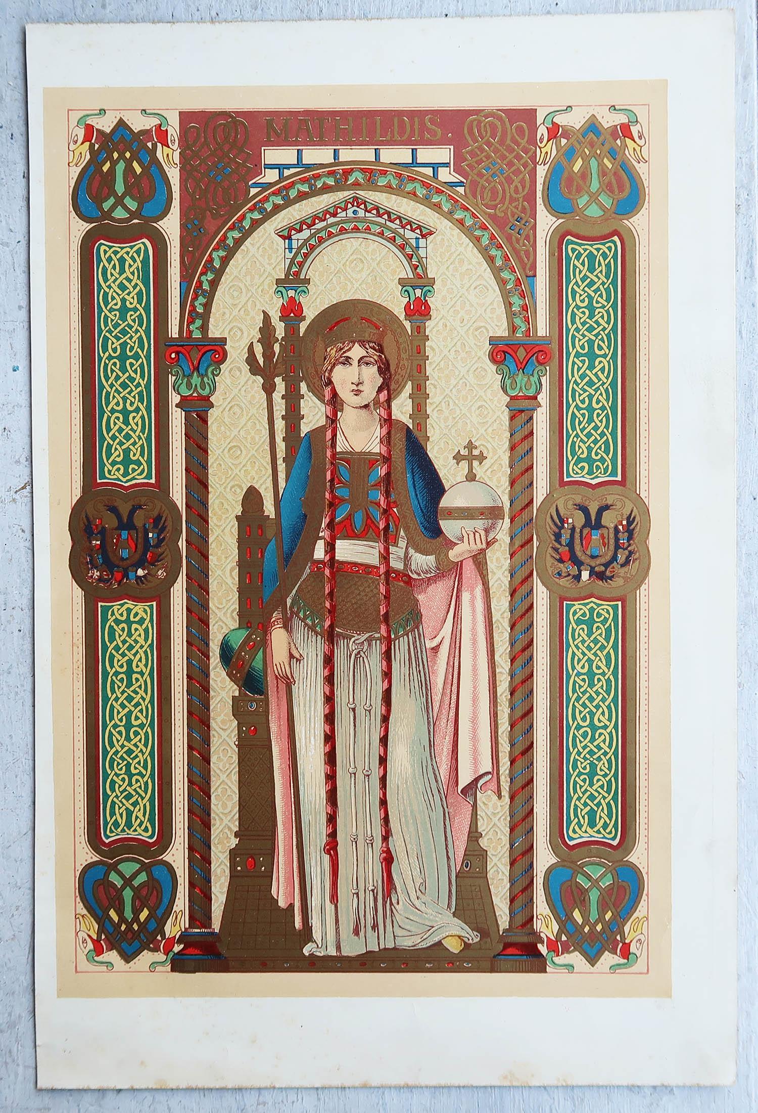 Grabado Iluminado Antiguo Original de Santa Matilde. C.1880 Gótico en venta