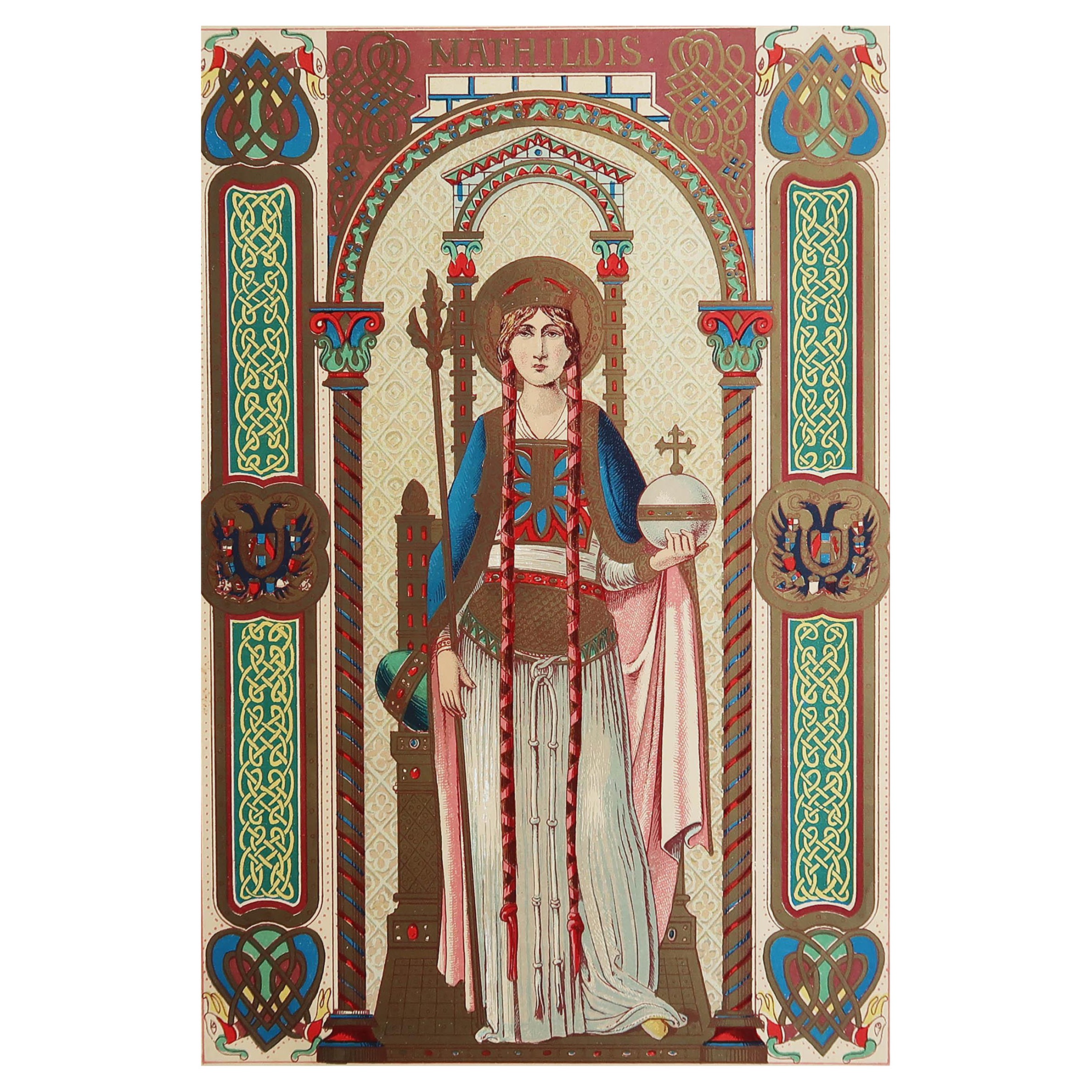 Original Antiker beleuchteter Originaldruck der Heiligen Matilda. C.1880