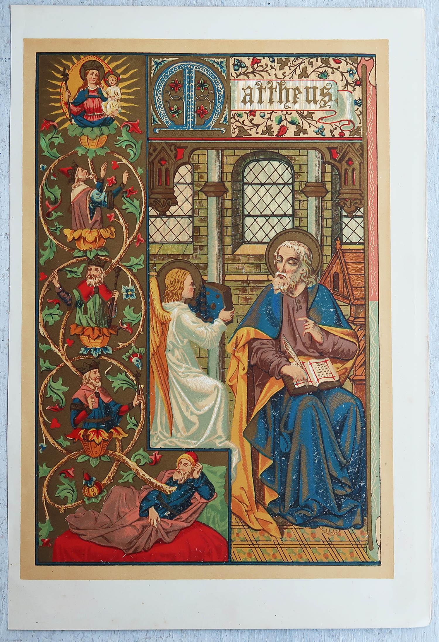 Gothique Gravure ancienne originale enluminée de Saint Matthieu. C.1880 en vente