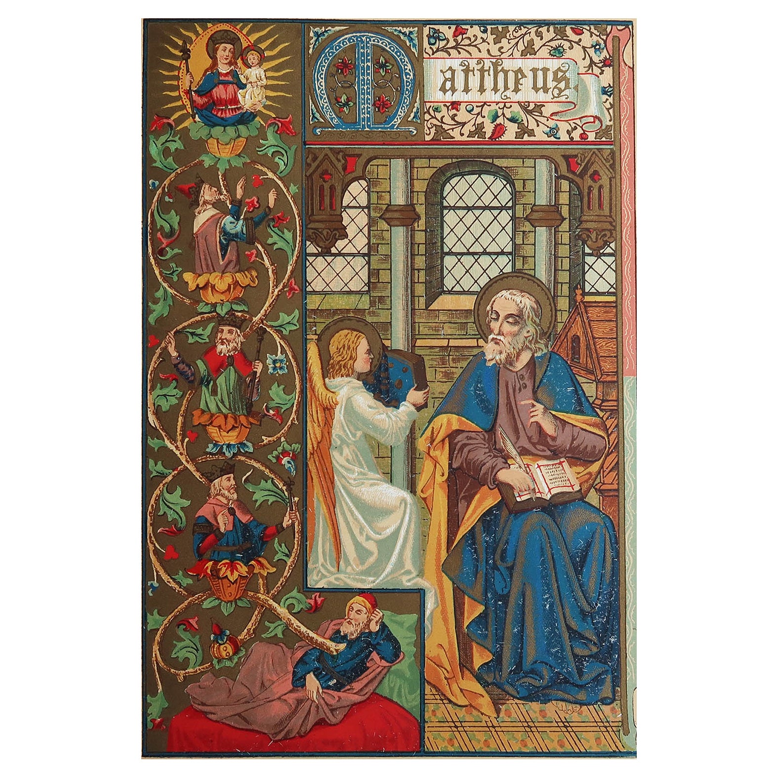 Original Antique Illuminated Print of St Matthew. C.1880