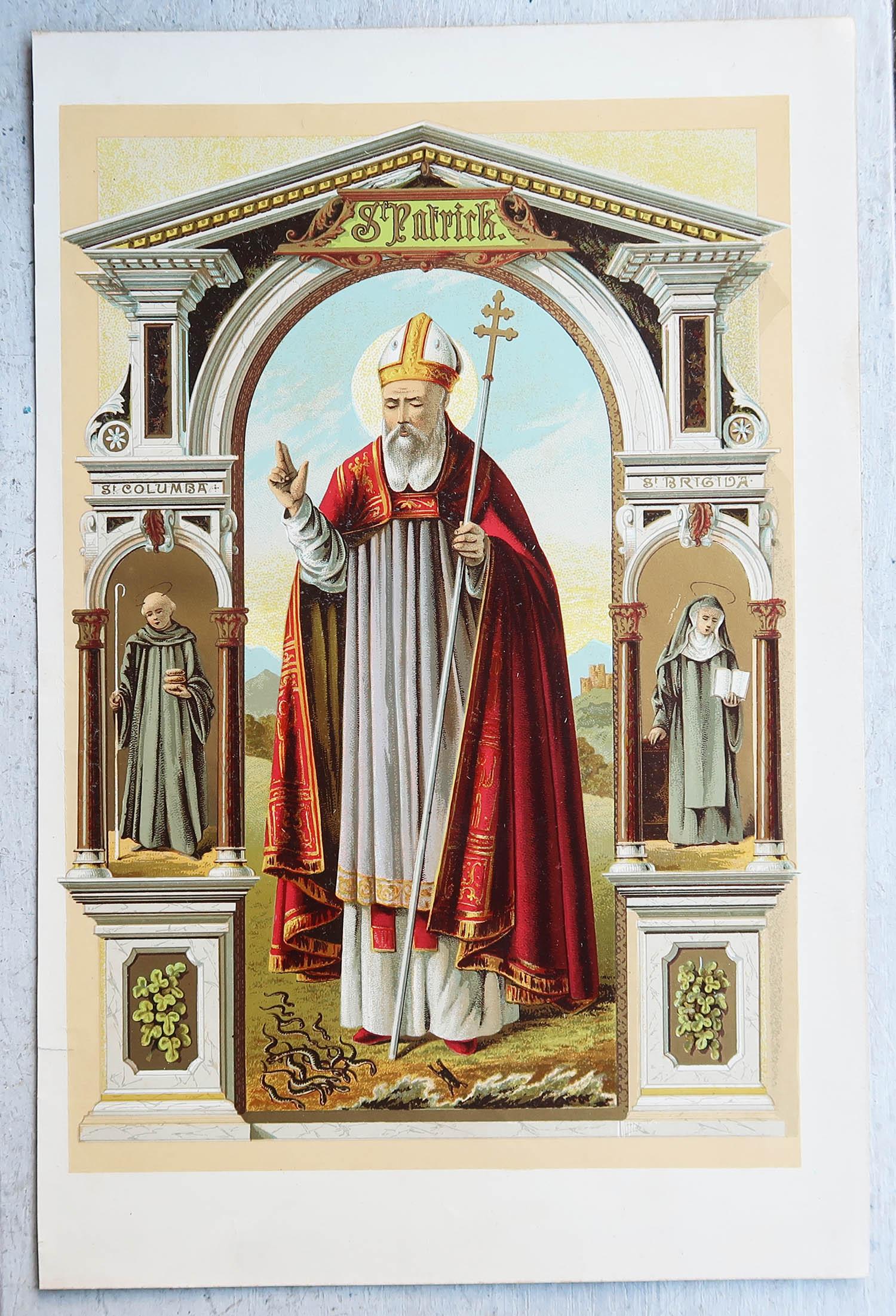 English Original Antique Illuminated Print of St Patrick. C.1880 For Sale