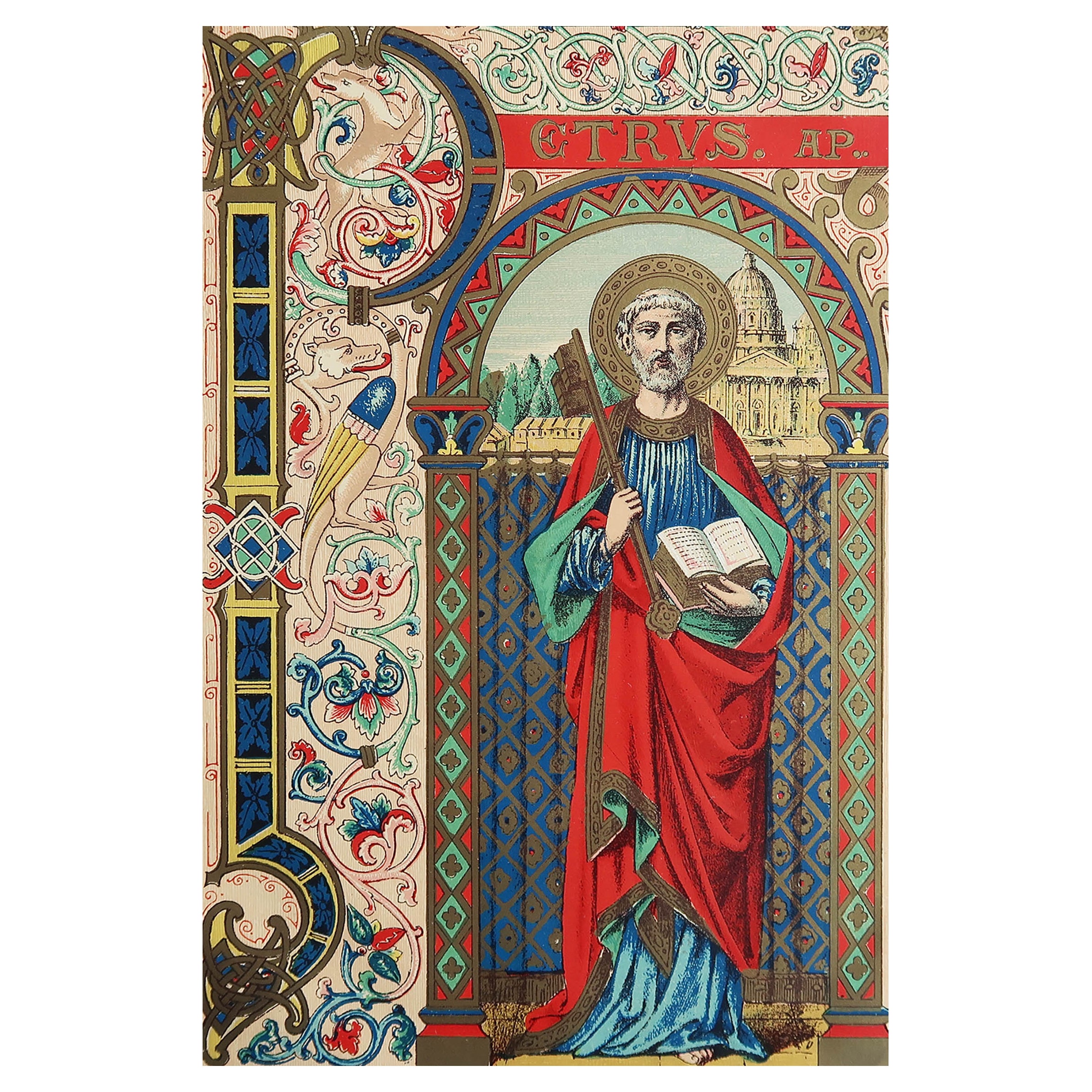 Original Antiker beleuchteter Originaldruck des heiligen Peter. C.1880