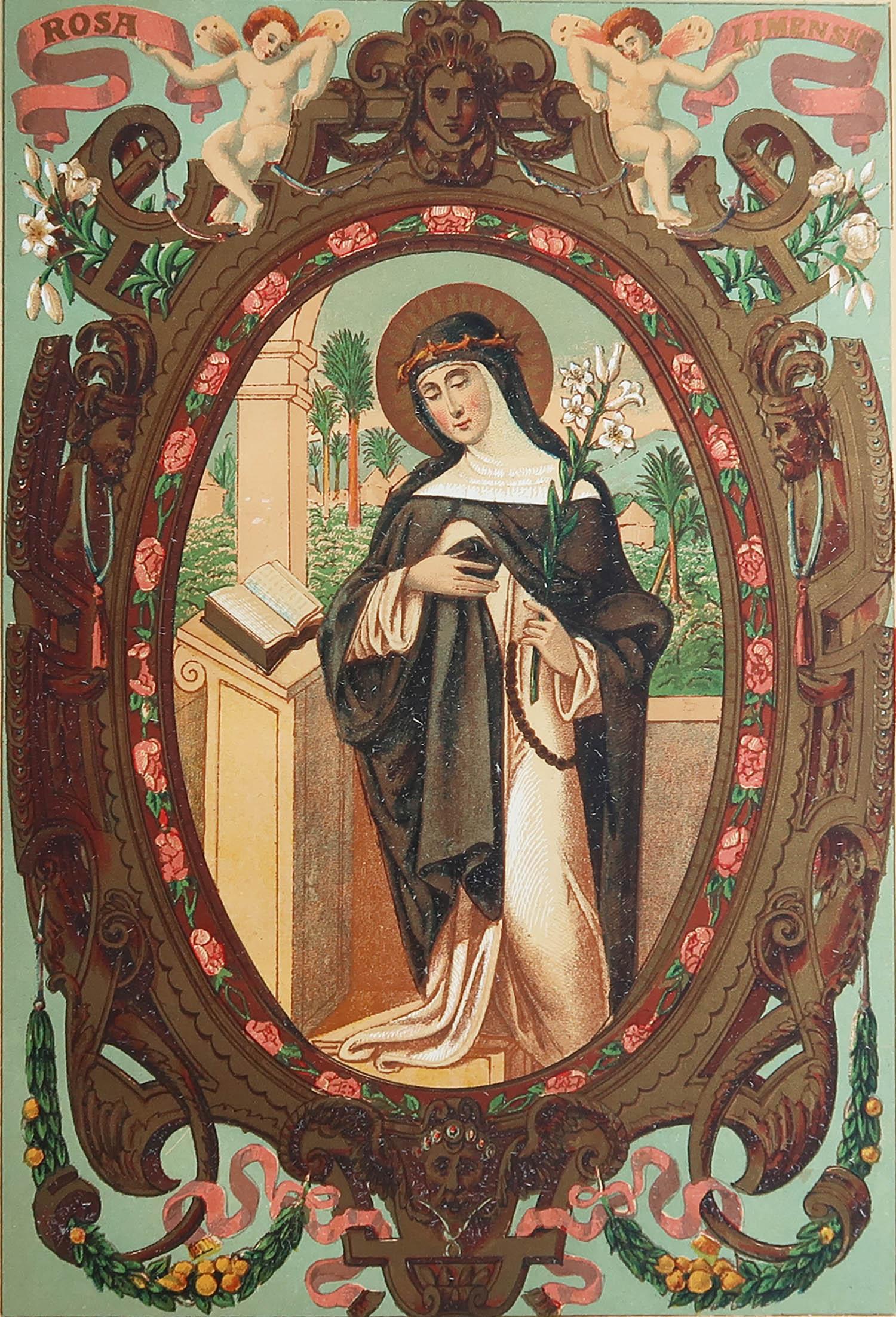 Merveilleuse estampe de sainte Rosa de Lima

Chromolithographie enluminée 

Publié vers 1880

Sans cadre.

Expédition gratuite

La mesure correspond au format du papier

