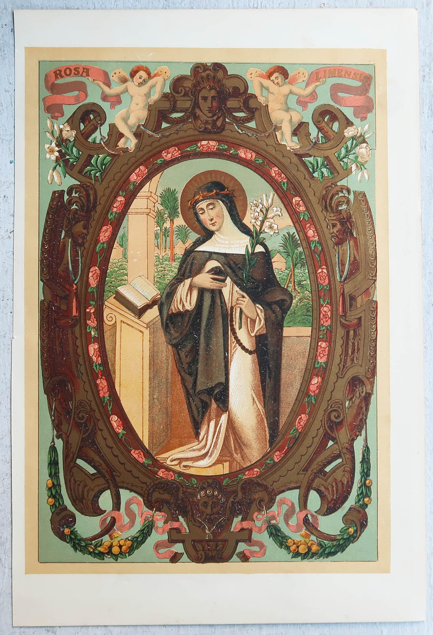 Gothique Impression originale enluminée de St Rosa de Lima. C.1880 en vente