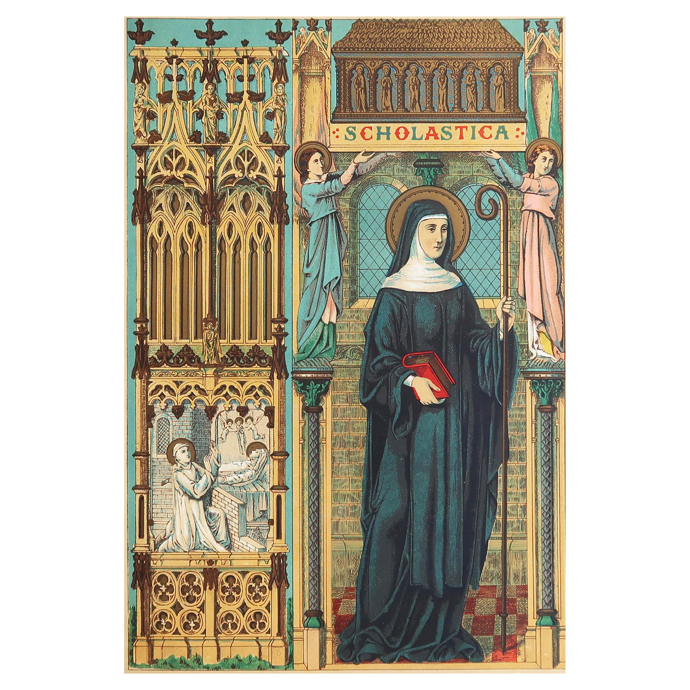 Original Antique Illuminated Print of St Scholastica. C.1880 For Sale