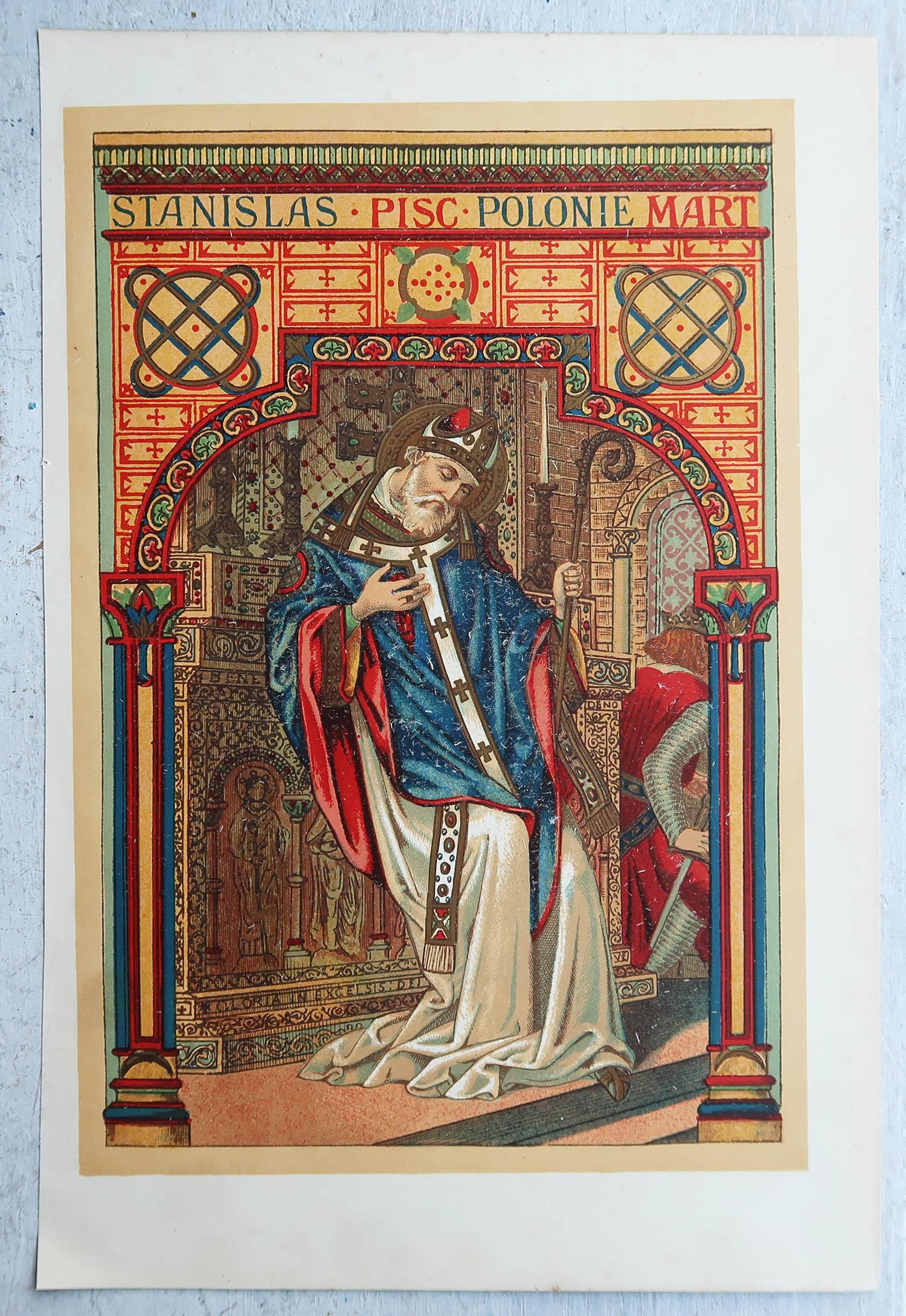 English Original Antique Illuminated Print of St Stanislas. C.1880 For Sale