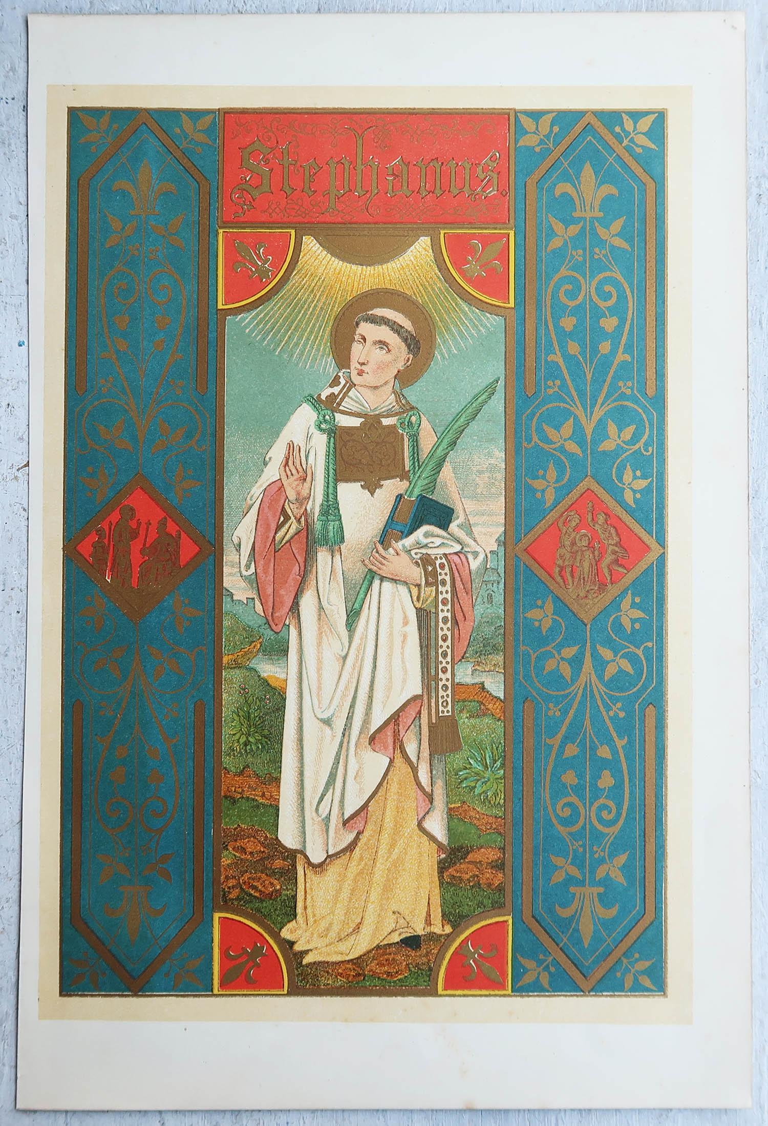 Gothique Impression originale enluminée ancienne de Saint Stephen C.1880 en vente