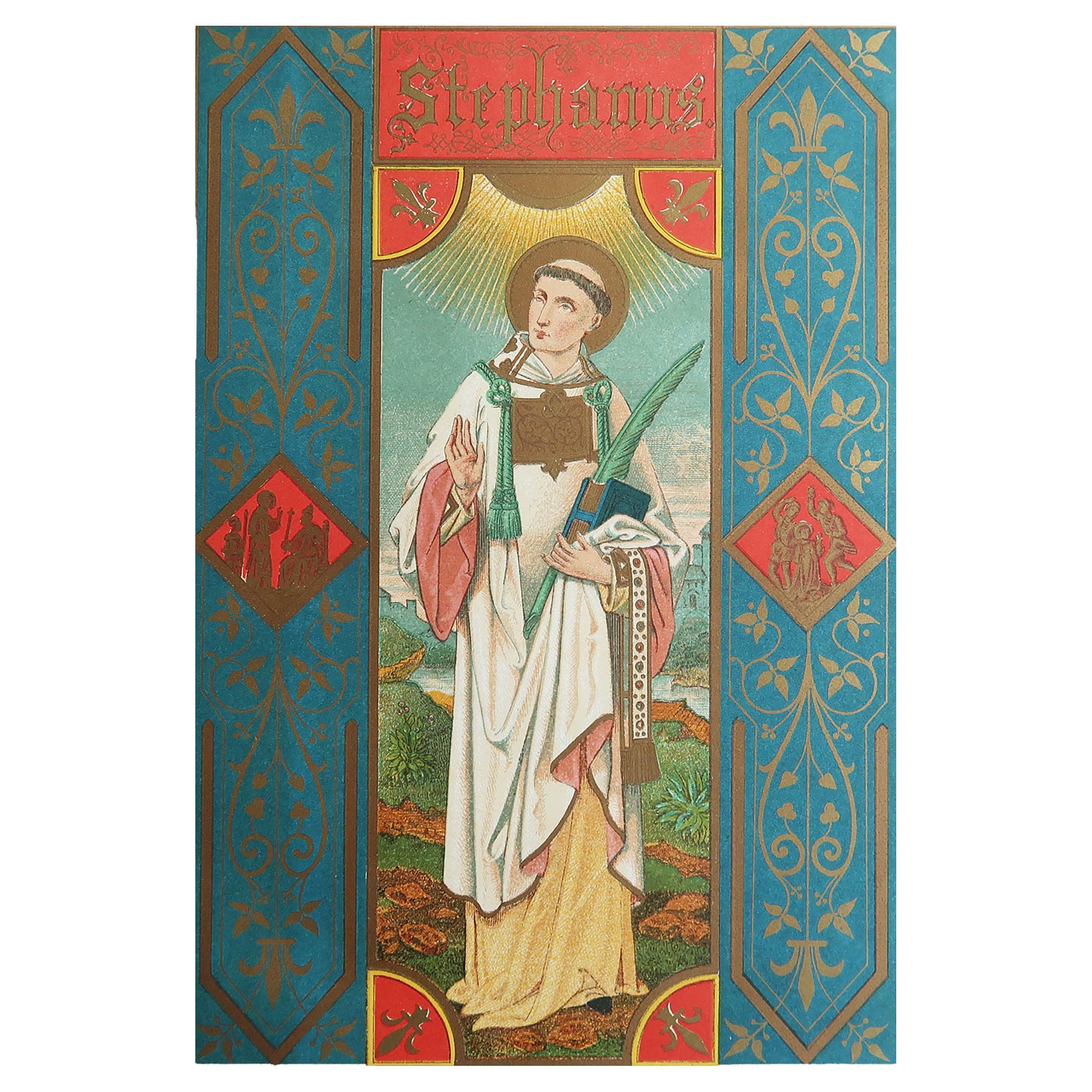Grabado Iluminado Antiguo Original de San Esteban. C.1880