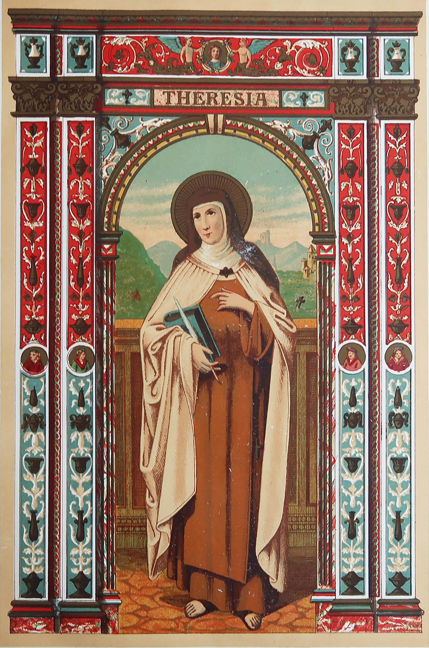 Merveilleuse gravure de Sainte Thérèse d'Avila

Chromolithographie enluminée 

Publié vers 1880

Sans cadre.

Expédition gratuite

La mesure correspond au format du papier

