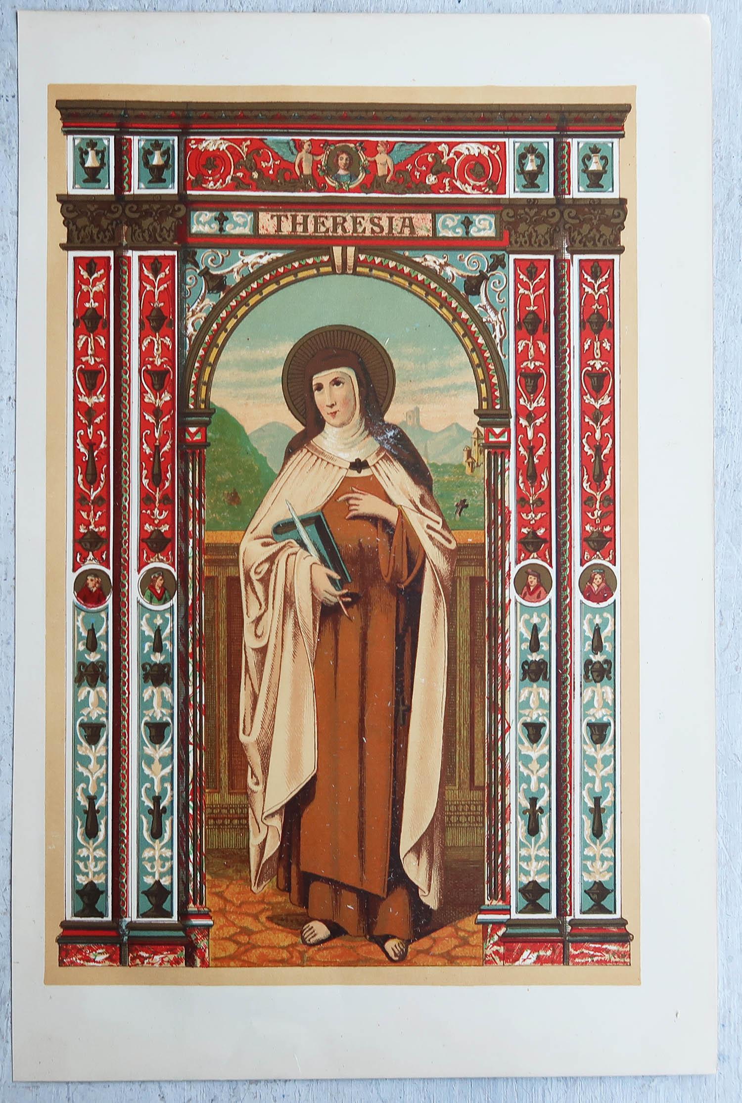 Gothique Impression ancienne enluminée originale de Sainte-Thérèse d'Avila. C.1880 en vente