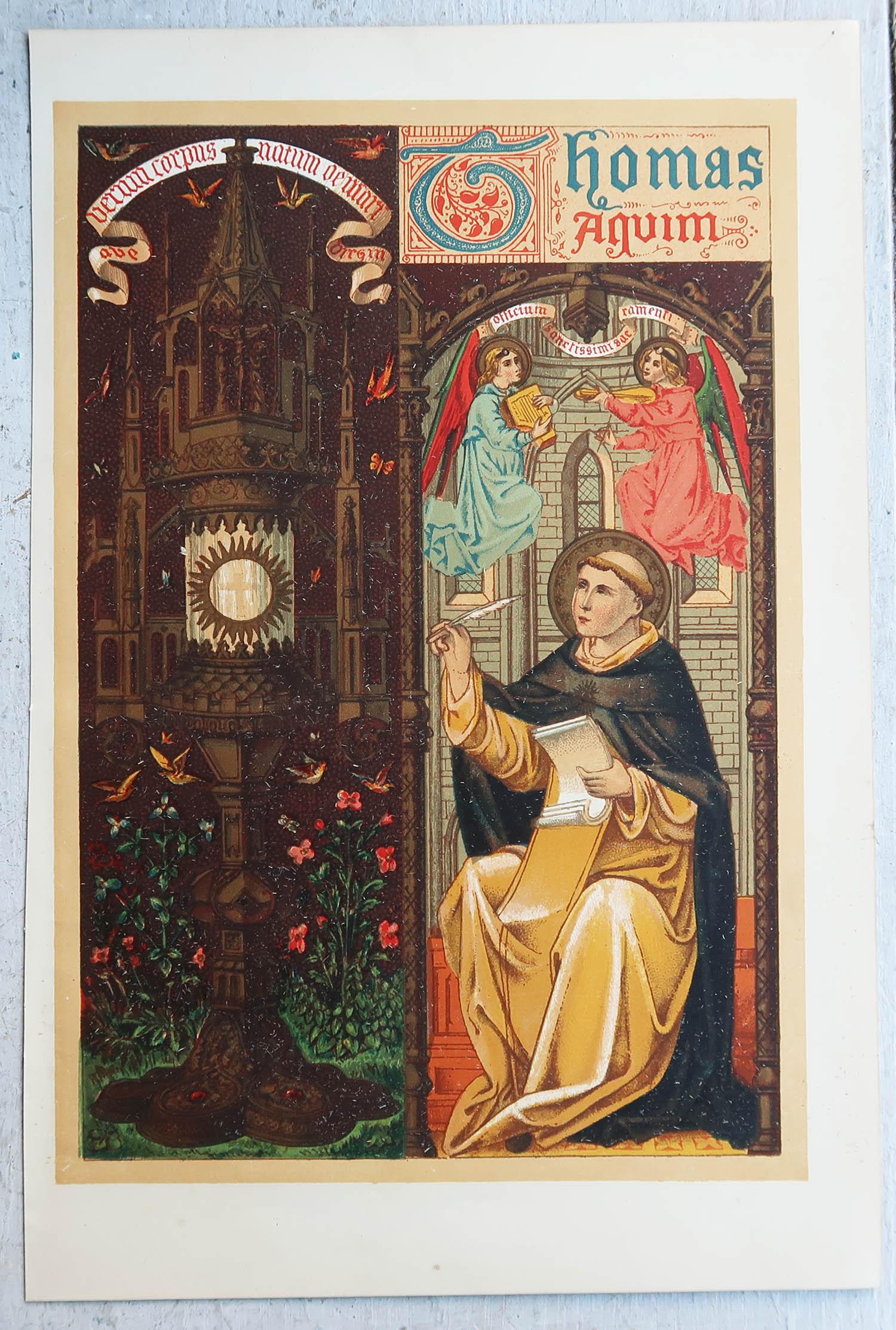 Grabado iluminado original antiguo de Santo Tomás de Aquino. C.1880 Inglés en venta