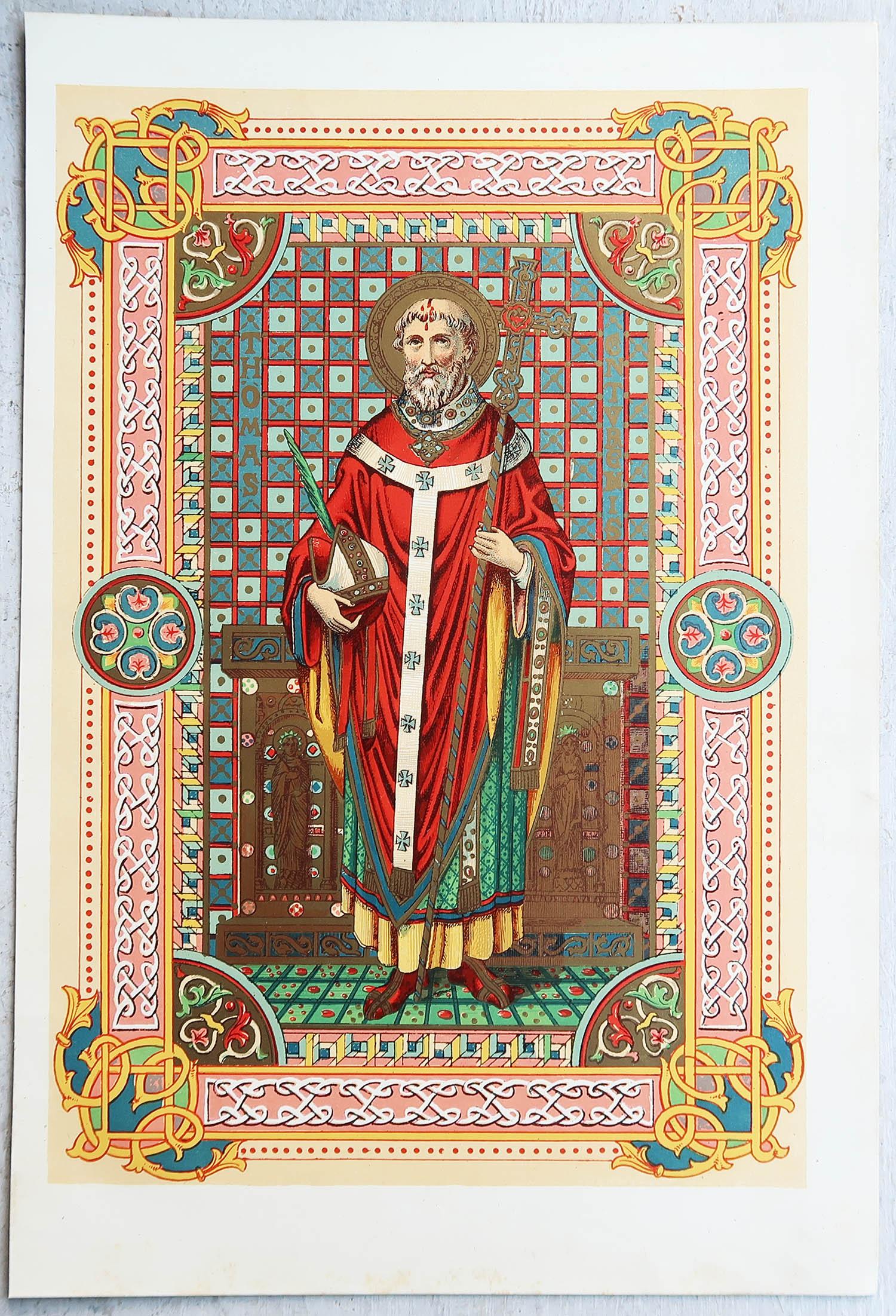 Gothique Impression originale enluminée de St Thomas Becket C.1880 en vente