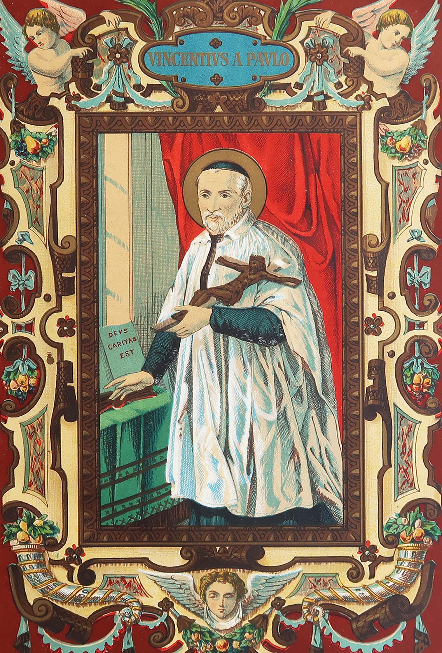 Wunderschöner Druck des heiligen Vincent De Paul

Beleuchtete Chromolithographie 

Veröffentlicht um 1880

Ungerahmt.

Kostenloser Versand

Das Maß ist die Papiergröße

