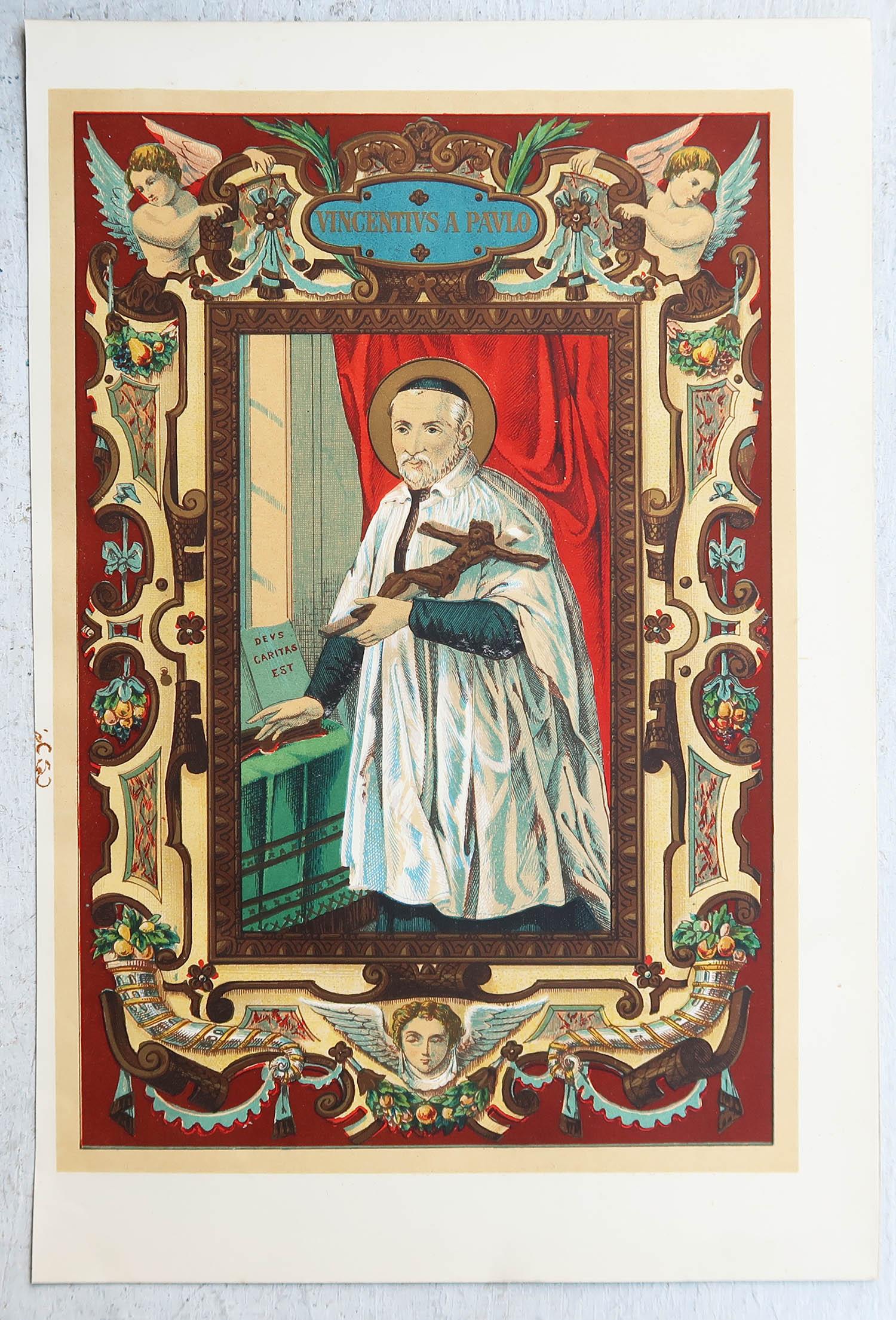 Original Antiker beleuchteter Originaldruck des heiligen Vincent De Paul. C.1880 (Gotisch) im Angebot