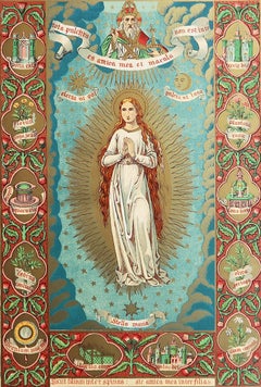 Original Antiker beleuchteter Originaldruck der Jungfrau Maria. C.1880