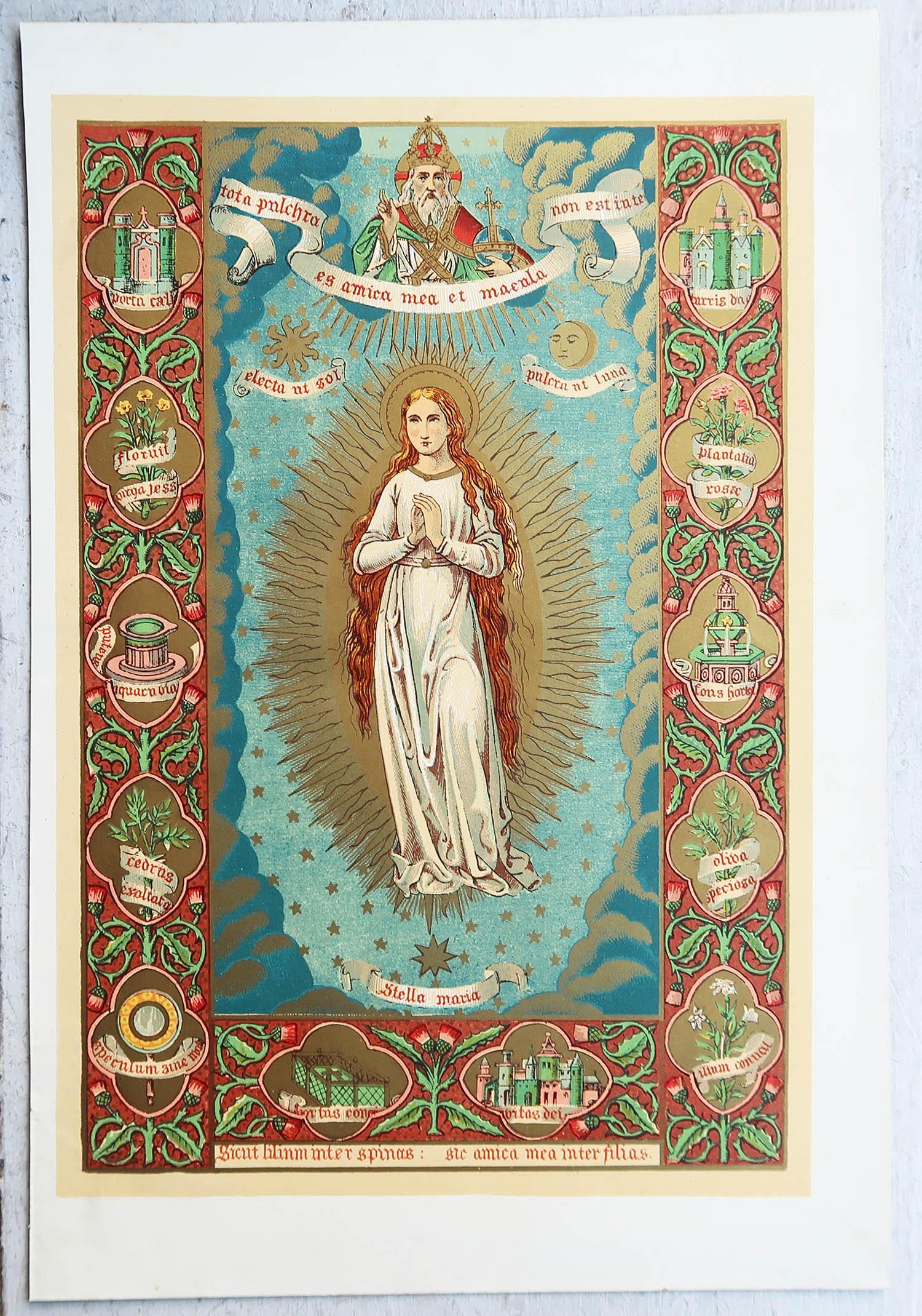 Grabado Iluminado Antiguo Original de La Virgen María. C.1880 Inglés en venta