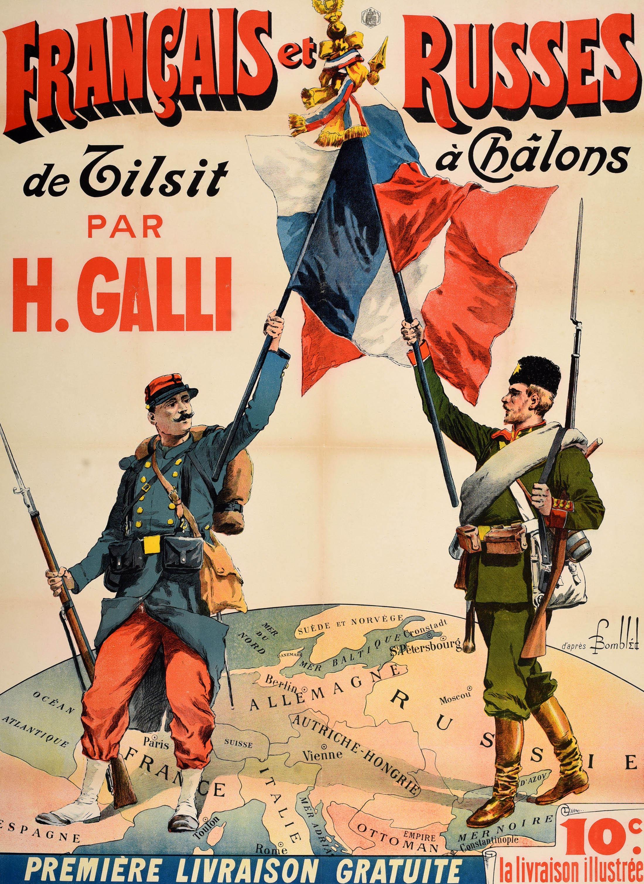 Poster pubblicitario originale di un libro illustrato del 1897 per i volumi French and Russians from Tilsit to Chalons by Henri Galli / Francais et Russes de Tilsit a Chalons par Henri Galli con un disegno colorato d'apres Charles Bombled