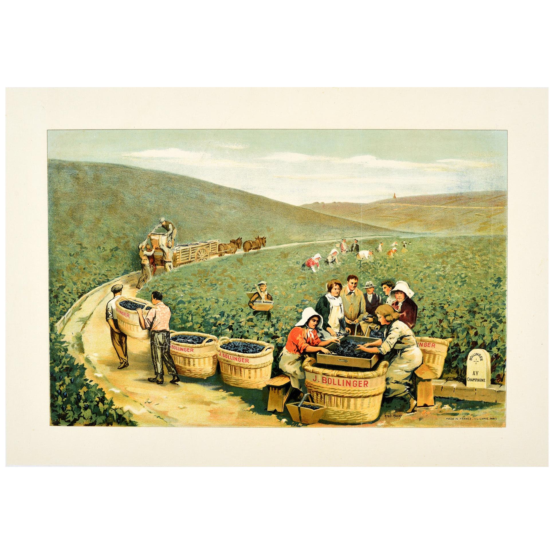 Affiche vintage originale et ancienne de J. Bollinger sur le champagne scintillant d'un vignoble Ay France
