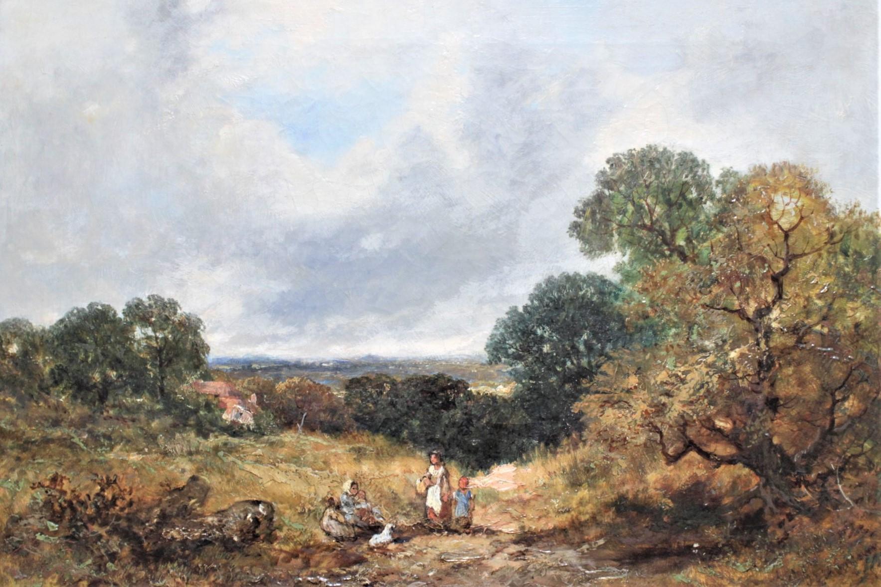 This antique original oil painting on canvas was done by James Edwin Meadows, a known British artist, in approximately 1860 in the period Victorian style. The painting depicts an English countryside with a mother and children in the foreground. The