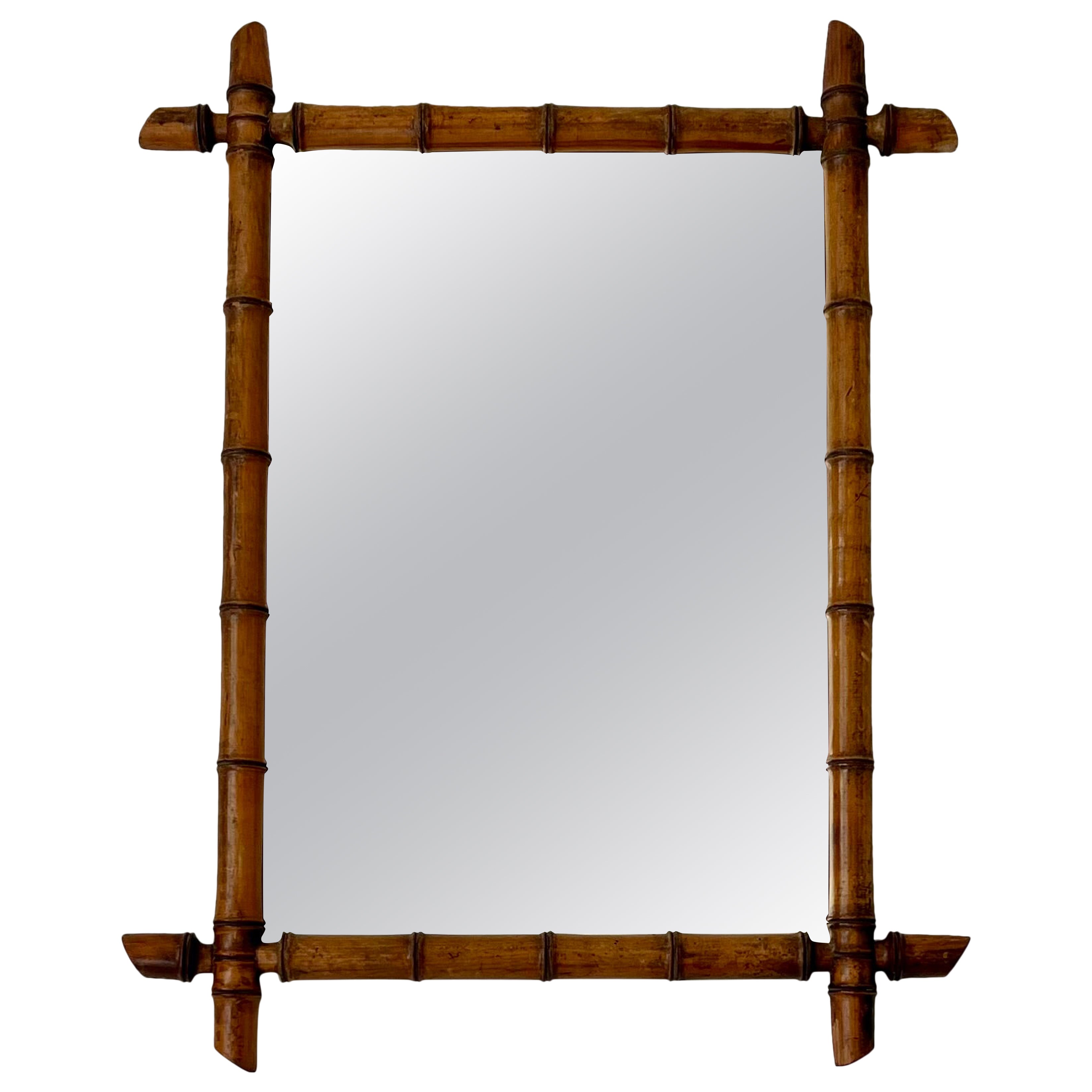 Grand miroir ancien original à cadre en faux bambou, France, vers 1920 en vente