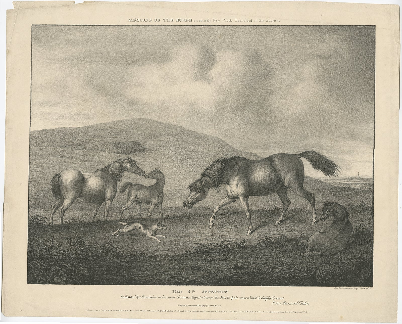 Antique horse print titled 'Plate 4th Affection, dedicated by permission to his most Gracious Majesty George the Fourth (..)'. 

Artists and Engravers: In 1827, British artist Henry Barnard Chalon (1770-1849), designed and lithographed a portfolio