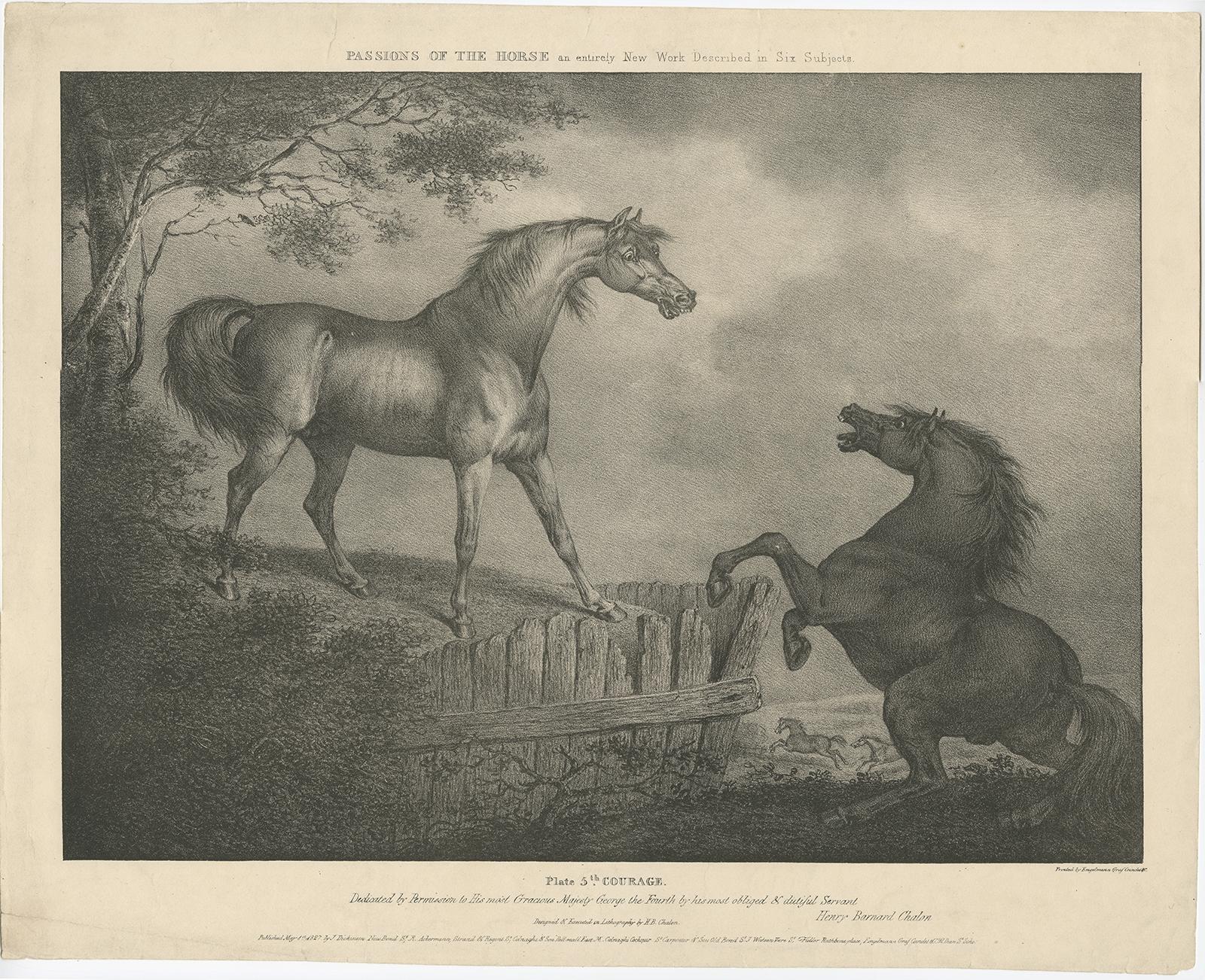 Antique horse print titled 'Plate 5th Courage, dedicated by permission to his most Gracious Majesty George the Fourth (..)'. 

Artists and Engravers: In 1827, British artist Henry Barnard Chalon (1770-1849), designed and lithographed a portfolio