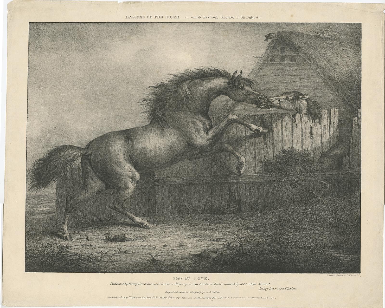 Antique horse print titled 'Plate 2nd Love, dedicated by permission to his most Gracious Majesty George the Fourth (..)'. 

Artists and Engravers: In 1827, British artist Henry Barnard Chalon (1770-1849), designed and lithographed a portfolio of six