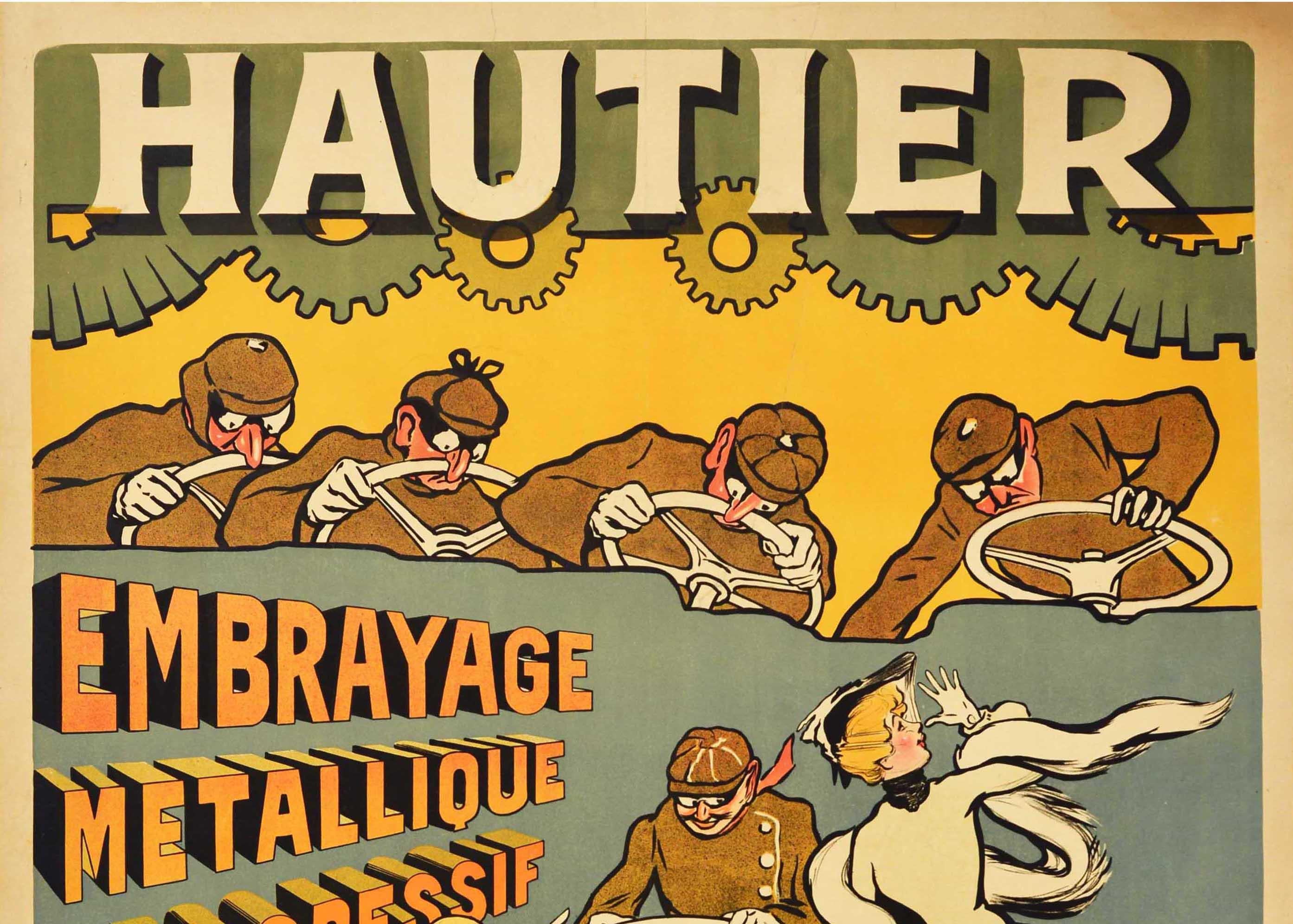 Affiche lithographique originale d'antiquités pour le fabricant français de voitures Hautier (1899-1905) : Hautier Ebrayage Metallique Progressif Automobiles Canots Moteurs / Hautier Progressive Metal Clutch Automobiles Canoes Engines - présentant