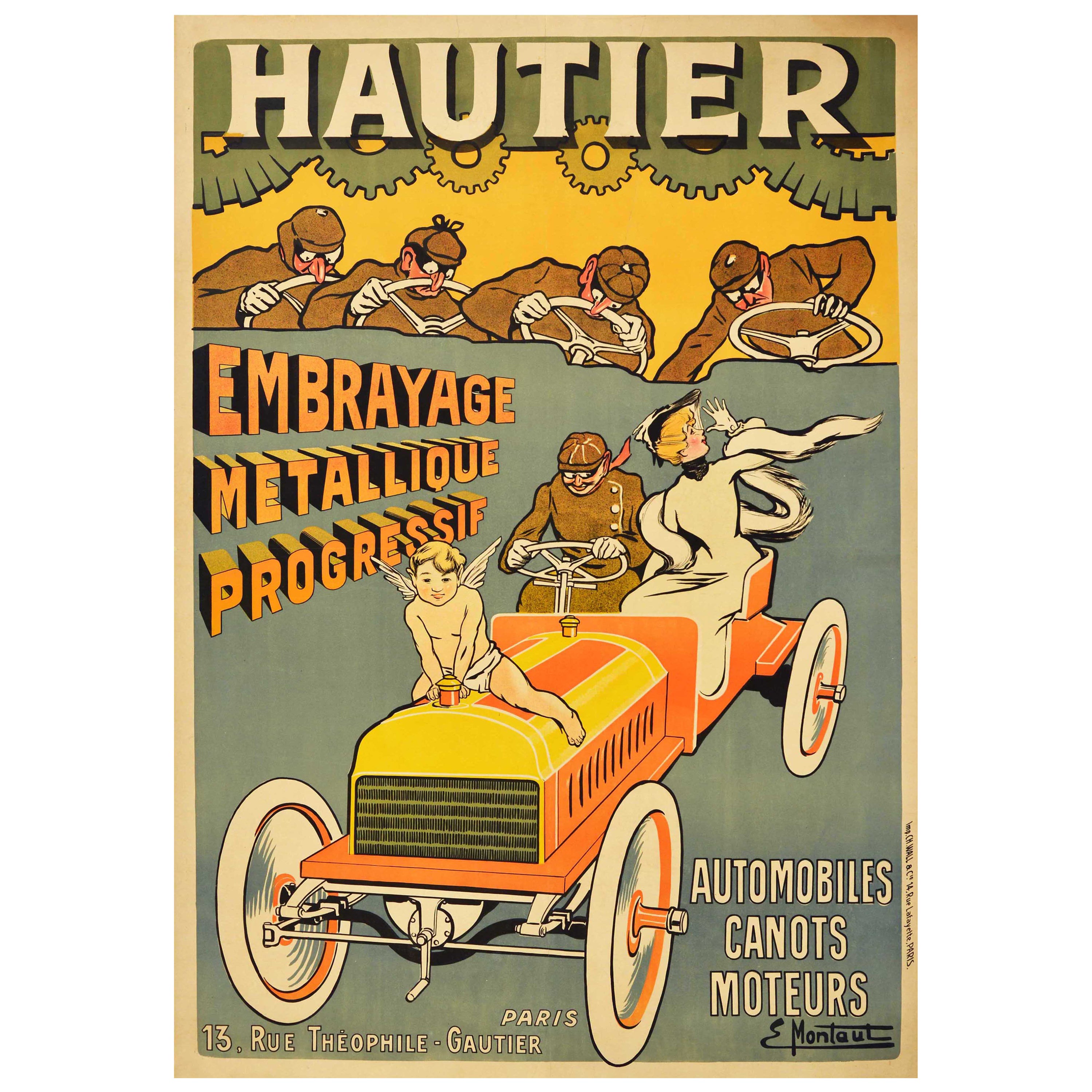 Original Antike Original Lithographie Poster Hautier Automobil Ernest Montaut Auto Kunst