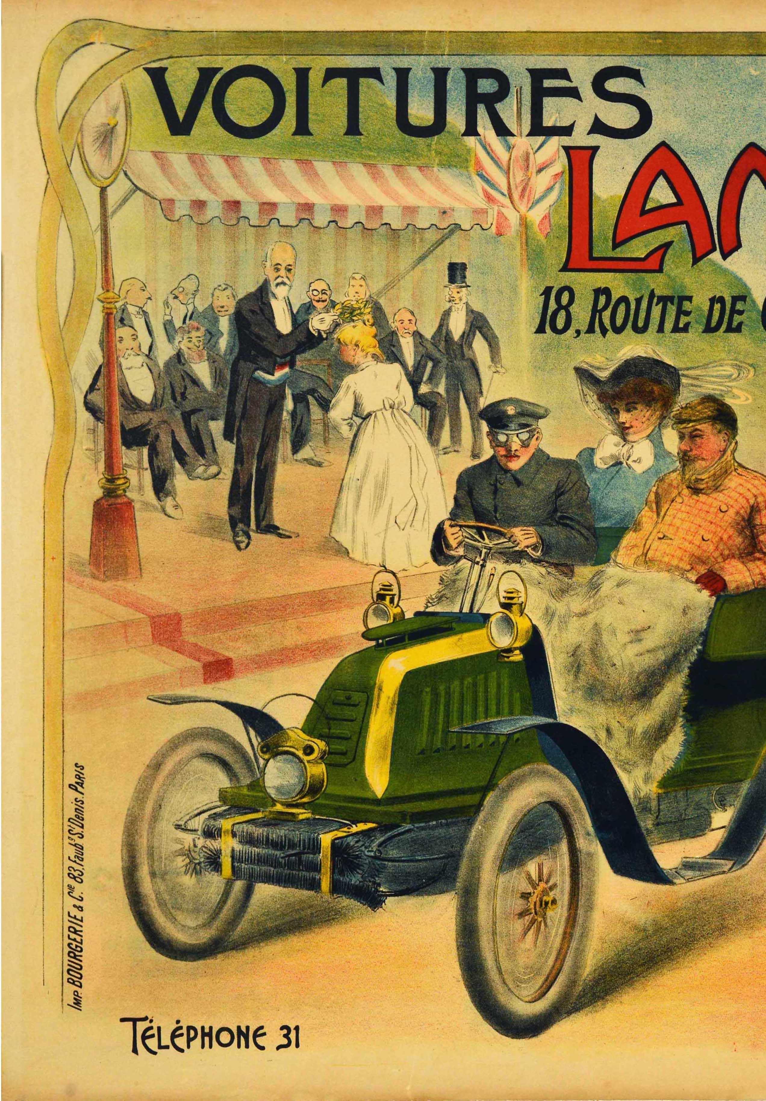 Original antique lithograph advertising poster for a French car manufacturer Prosper Lambert (1901-1906) featuring a great image showing smartly dressed people in a Classic car driving past a military band playing music and holding a French flag