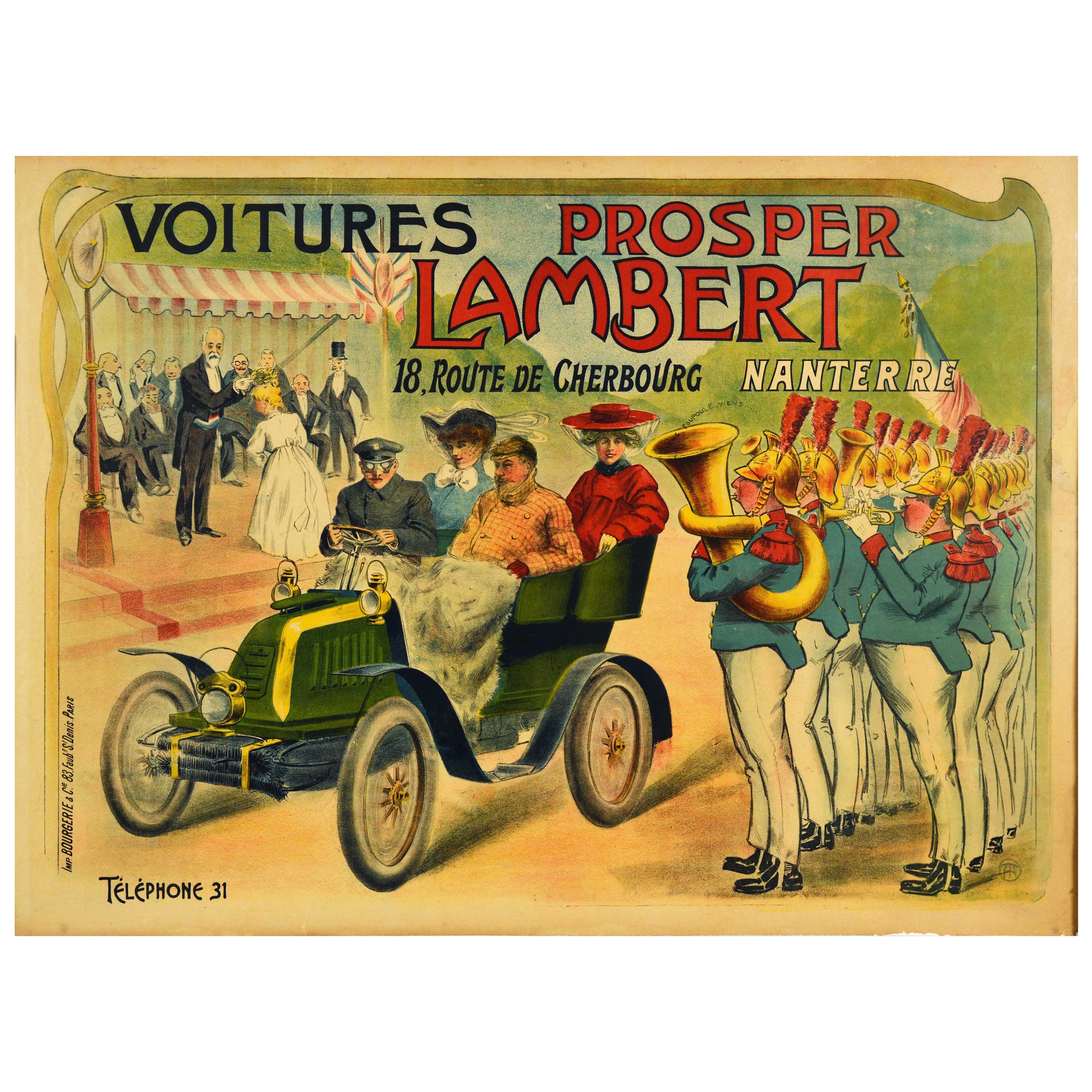 Affiche d'origine lithographie ancienne Voitures Prosper Lambert Cars Automobile Art en vente