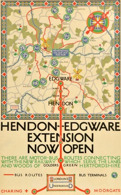 Original Antique London Transport Poster Hendon Edgware Extension Underground