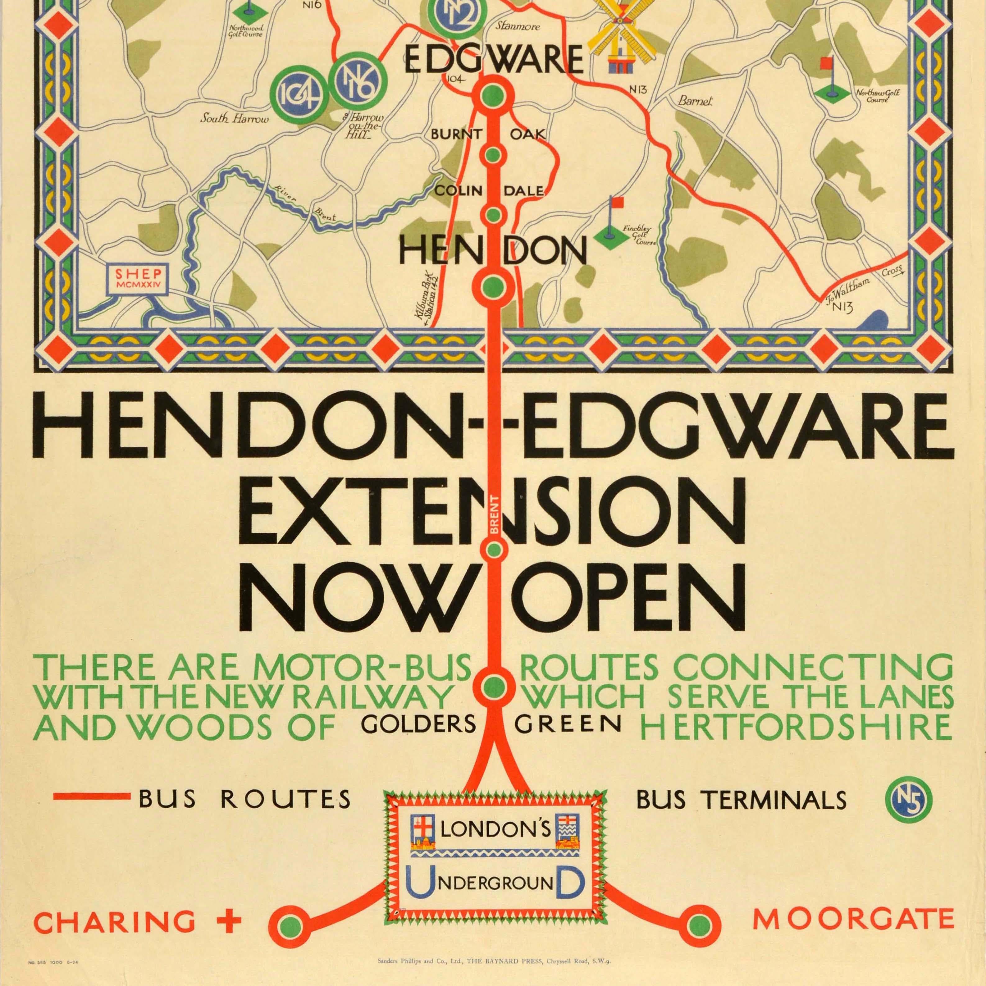 Poster originale antico dei trasporti di Londra Hendon Edgware Extension Underground In condizioni buone in vendita a London, GB