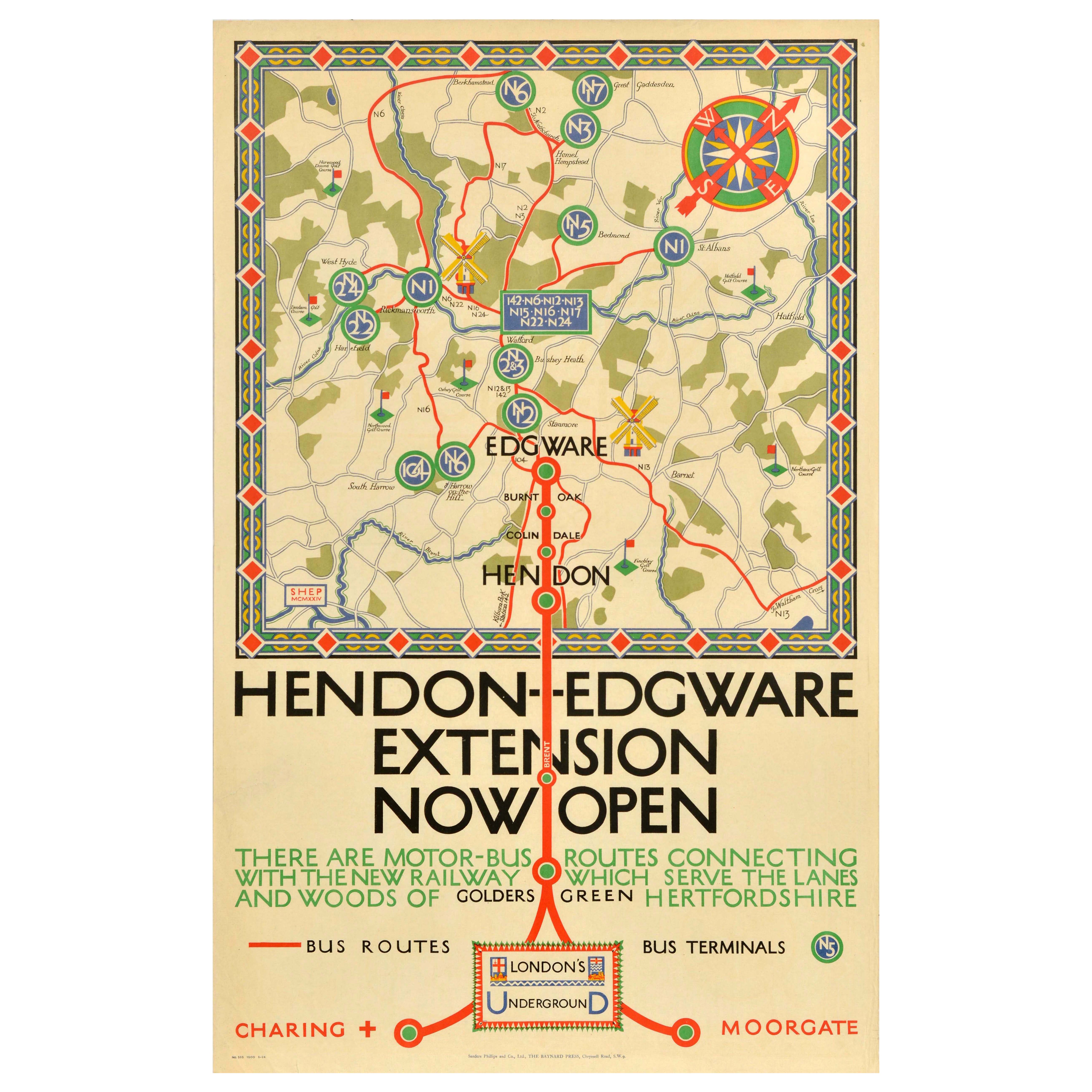 Poster originale antico dei trasporti di Londra Hendon Edgware Extension Underground in vendita