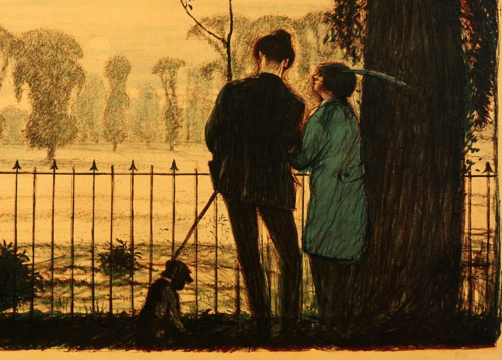 Original early London Underground Electric Railway poster featuring a scenic summer evening view by the Scottish painter and lithographer Archibald Standish Hartrick (1864-1950) of a park with a couple holding their dog on a leash and standing next