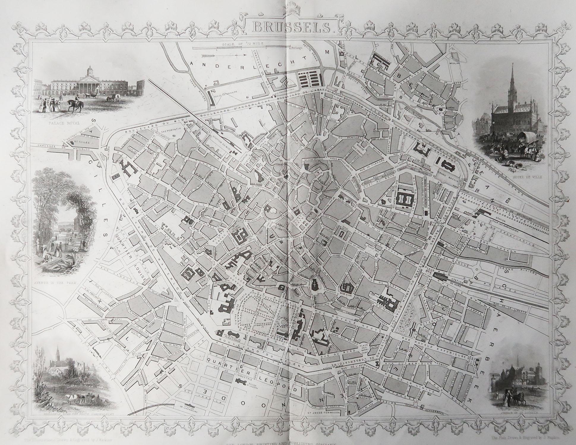 Superbe carte de Bruxelles.

Gravure sur acier.

Publié par London Printing & Publishing Co. (Anciennement Tallis), C.1850

Livraison gratuite.

