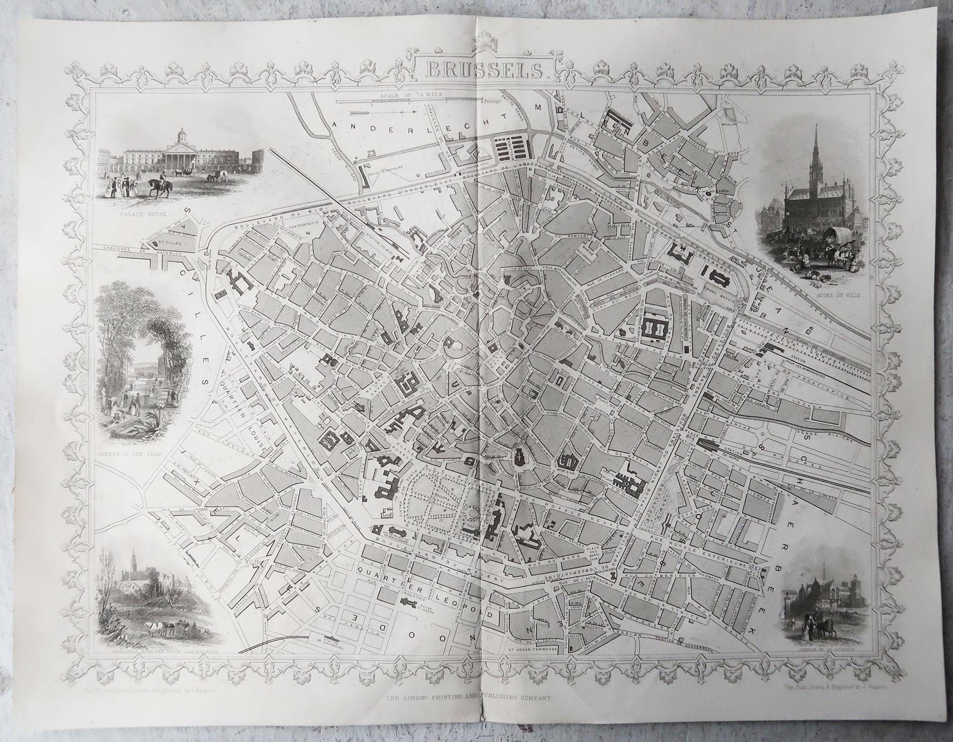 Mapa antiguo original / Plano de la ciudad de Bruselas por Tallis, hacia 1850 Inglés