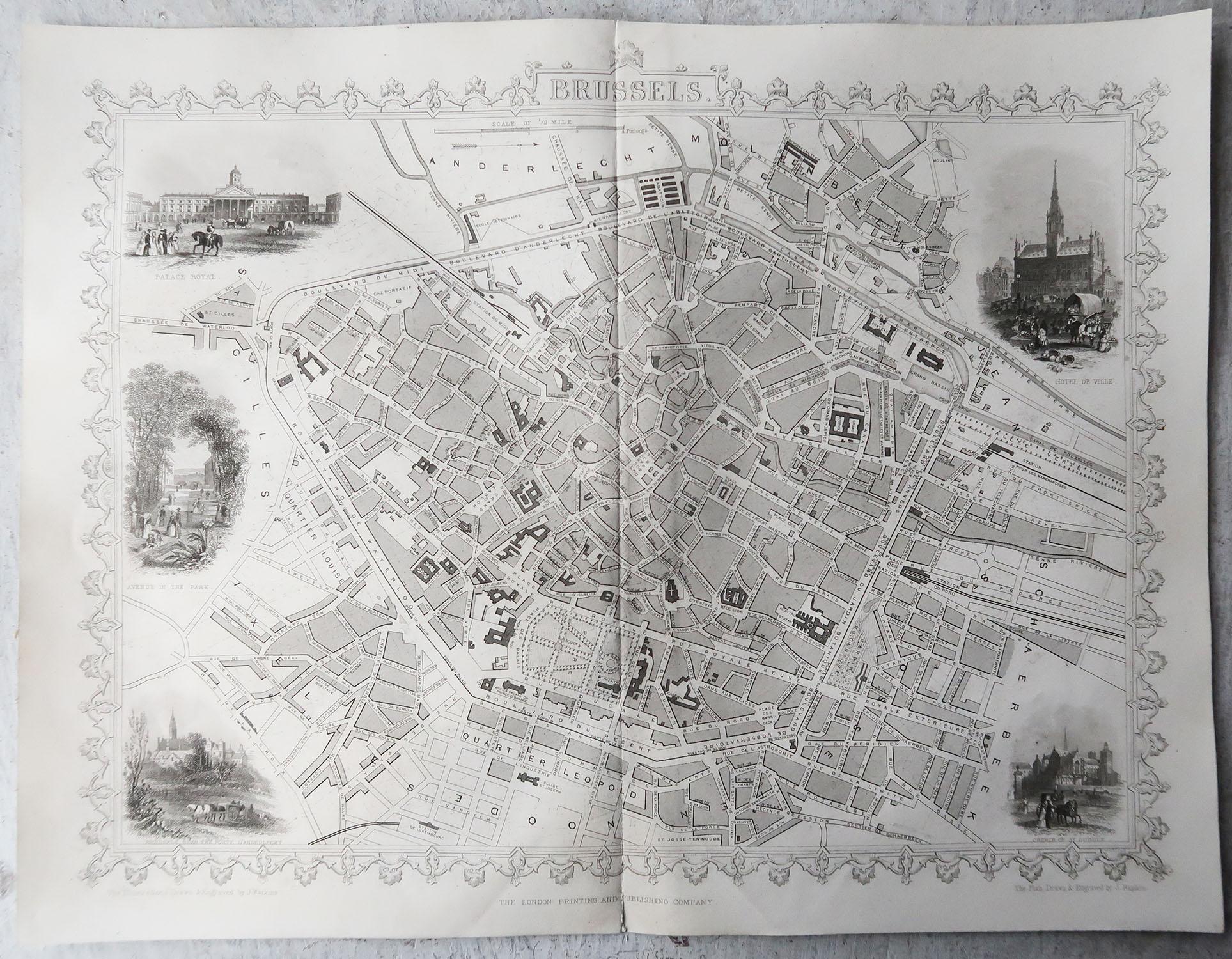 Other Original Antique Map / City Plan of Brussels by Tallis, circa 1850 For Sale