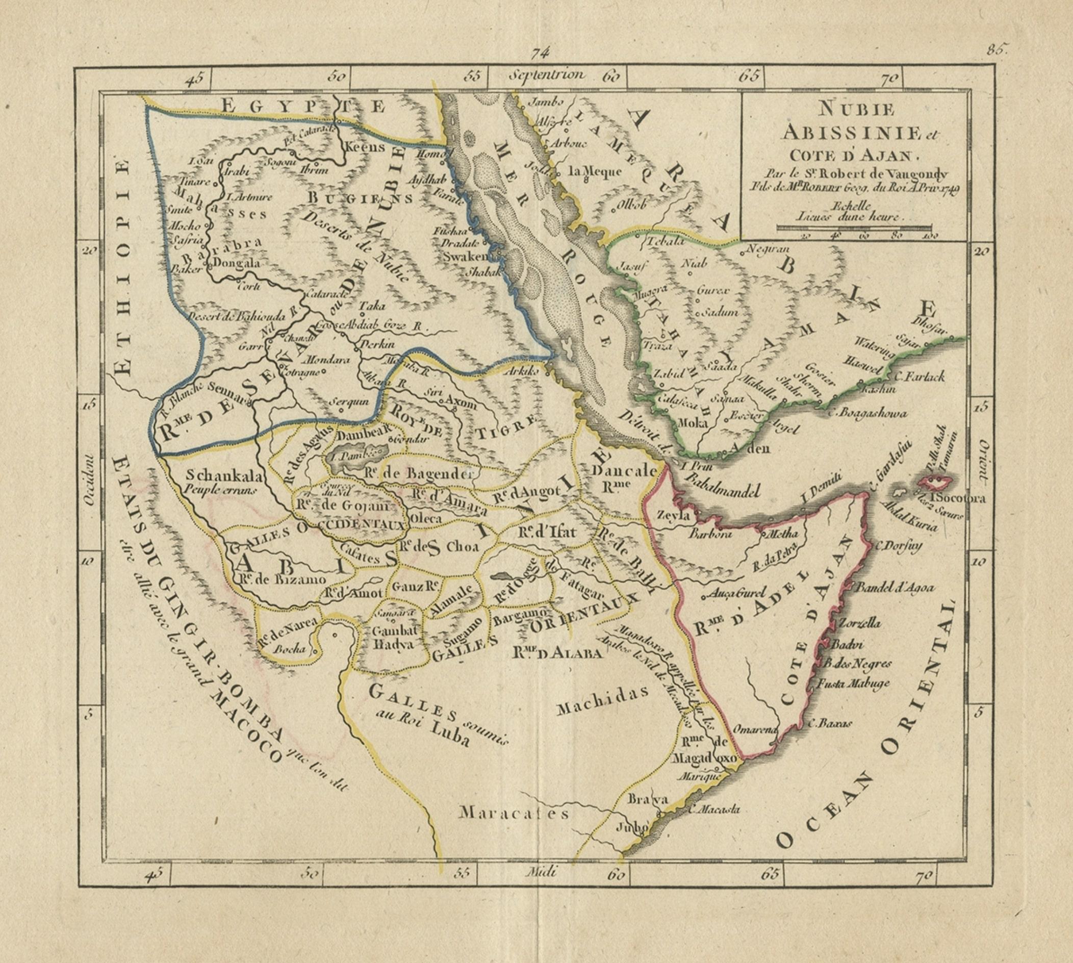 Antique map titled 'Nubie, Abissinie et Cote d'Ajan'. 

Map of Abyssinia, Sudan and the Red Sea by Robert Vaugondy. Covers from Arabia and Egypt south to Mogadishu and includes parts of modern day Sudan, Ethiopia, Somalia, Yemen, and Saudi Arabia.