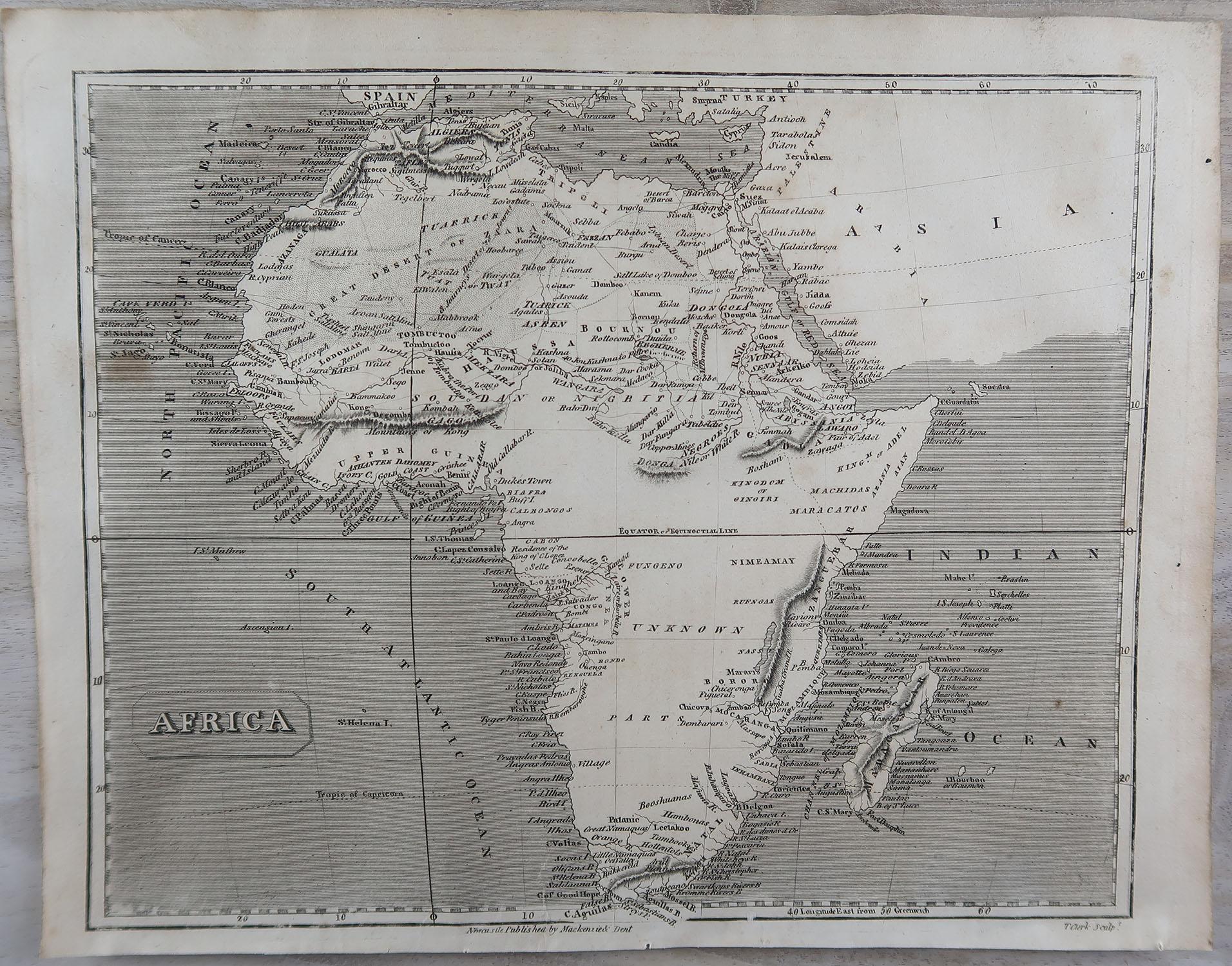 Great map of Africa

Copper-plate engraving

Drawn and engraved by Thomas Clerk, Edinburgh.

Published by Mackenzie And Dent, 1817

Unframed.