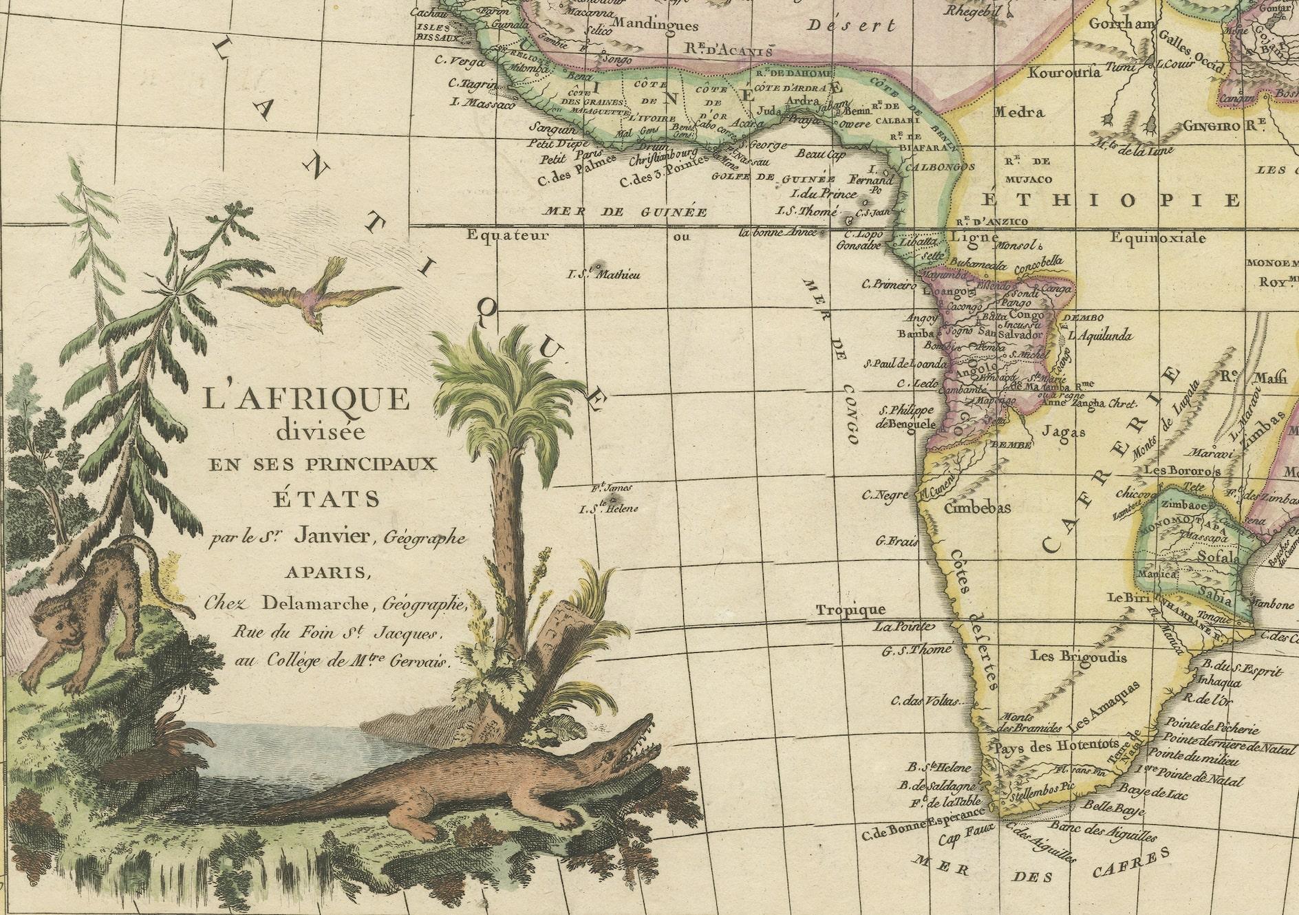 Original antique map titled 'L'Afrique divisée en ses principaux États'. Attractive and precise map of Africa, with large decorative cartouche. Engraved by Janvier. Published by Delamarche, circa 1780. 
