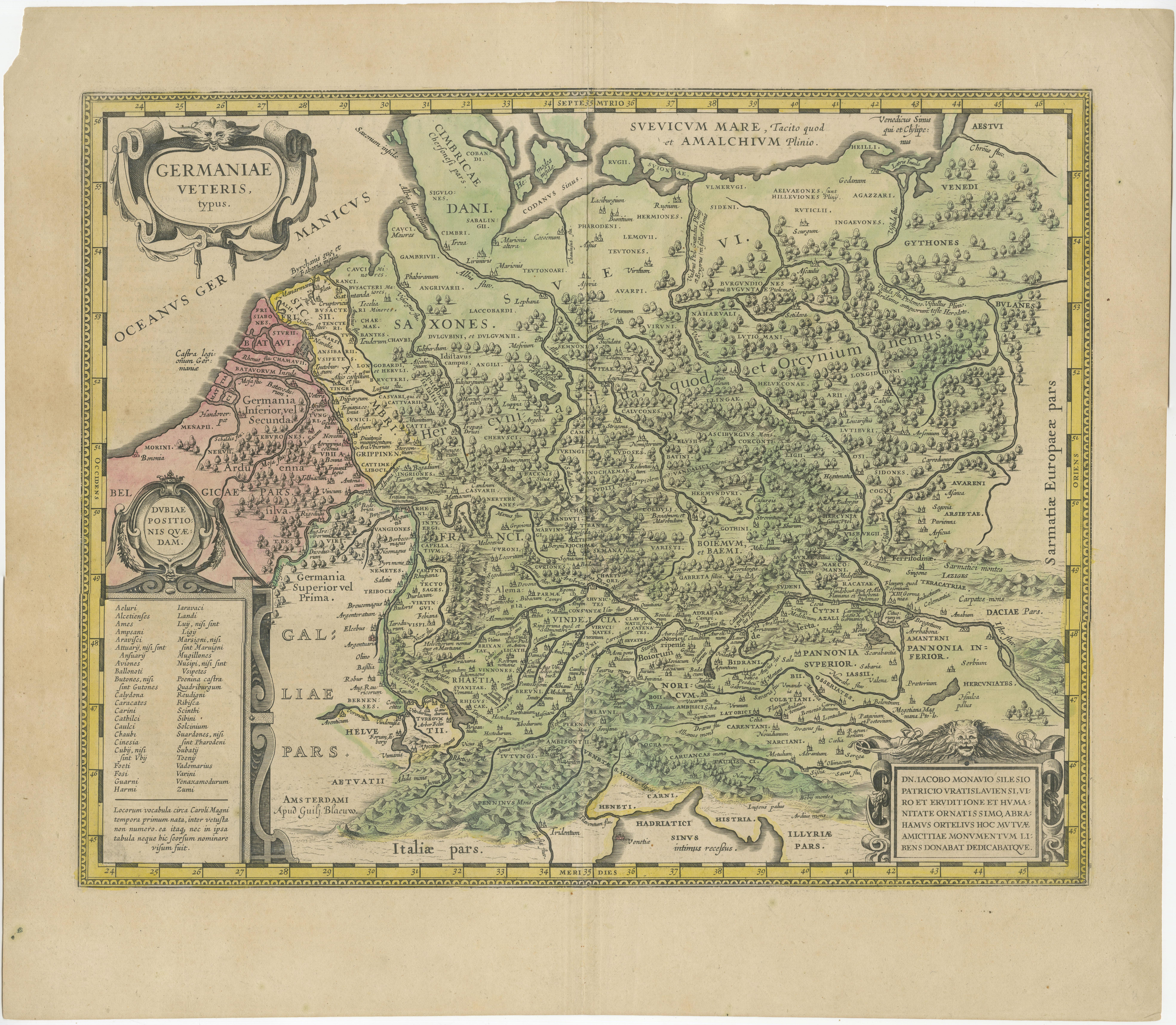 Antike Karte mit dem Titel 'Germaniae Veteris typus'. Sehr attraktive Karte des alten Deutschlands. Herausgegeben von G. Blaeu nach A. Ortelius, um 1630. 

Willem Janszoon Blaeu (1571-1638) war ein bekannter niederländischer Geograf und Verleger.