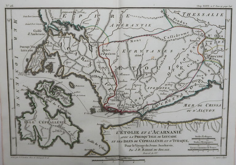 Great map of Ancient Greece. Showing the region of Acanania and Aetolia including the islands of Ithaca, Cephalonia and Lefkada

Drawn by J.D. Barbie Du Bocage

Copper plate engraving by P.F Tardieu

Original hand color outline.

Published