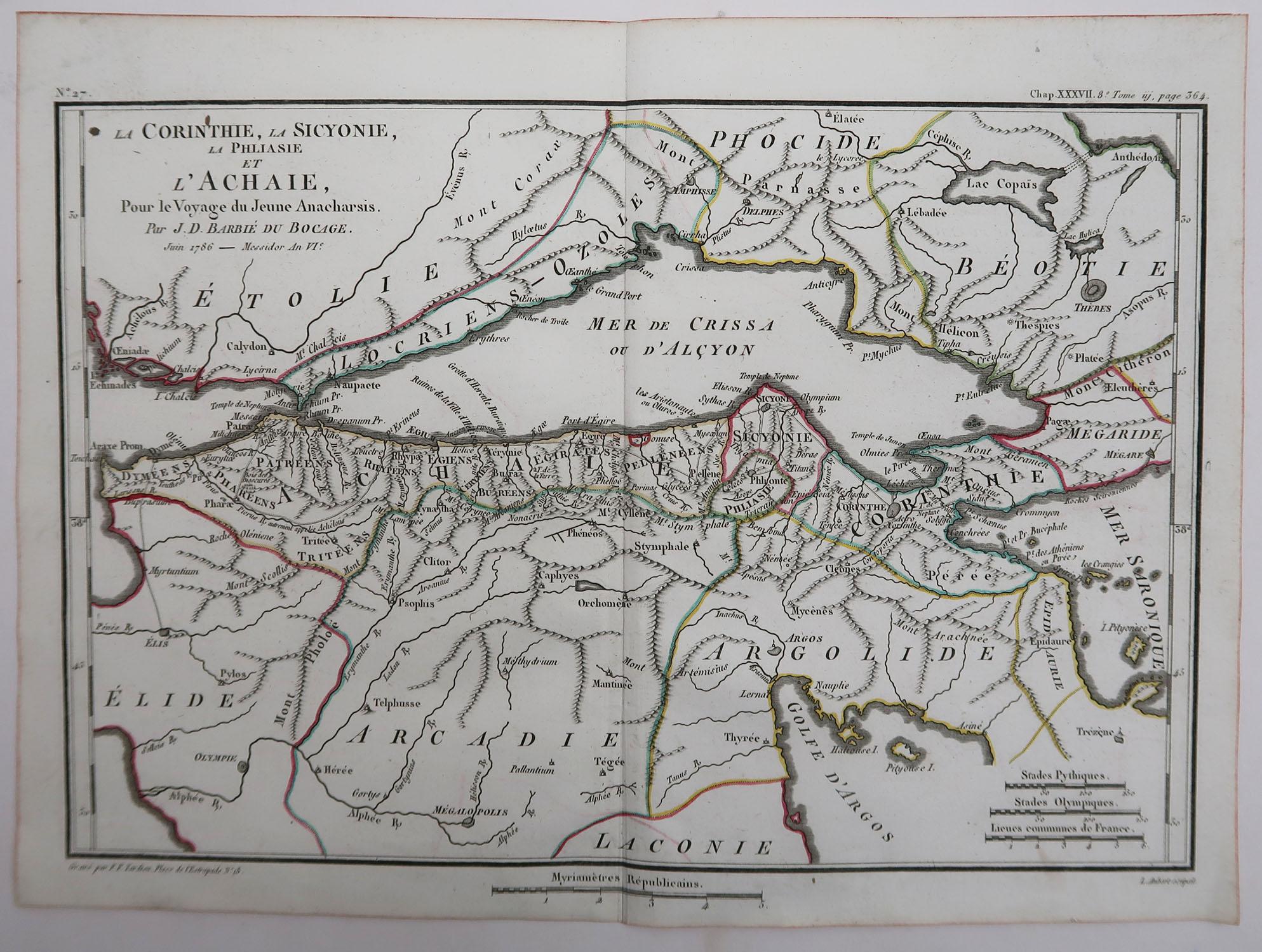 Antike antike Karte des antiken Griechenlands, Achaia, Korinth, 1786 (Sonstiges) im Angebot